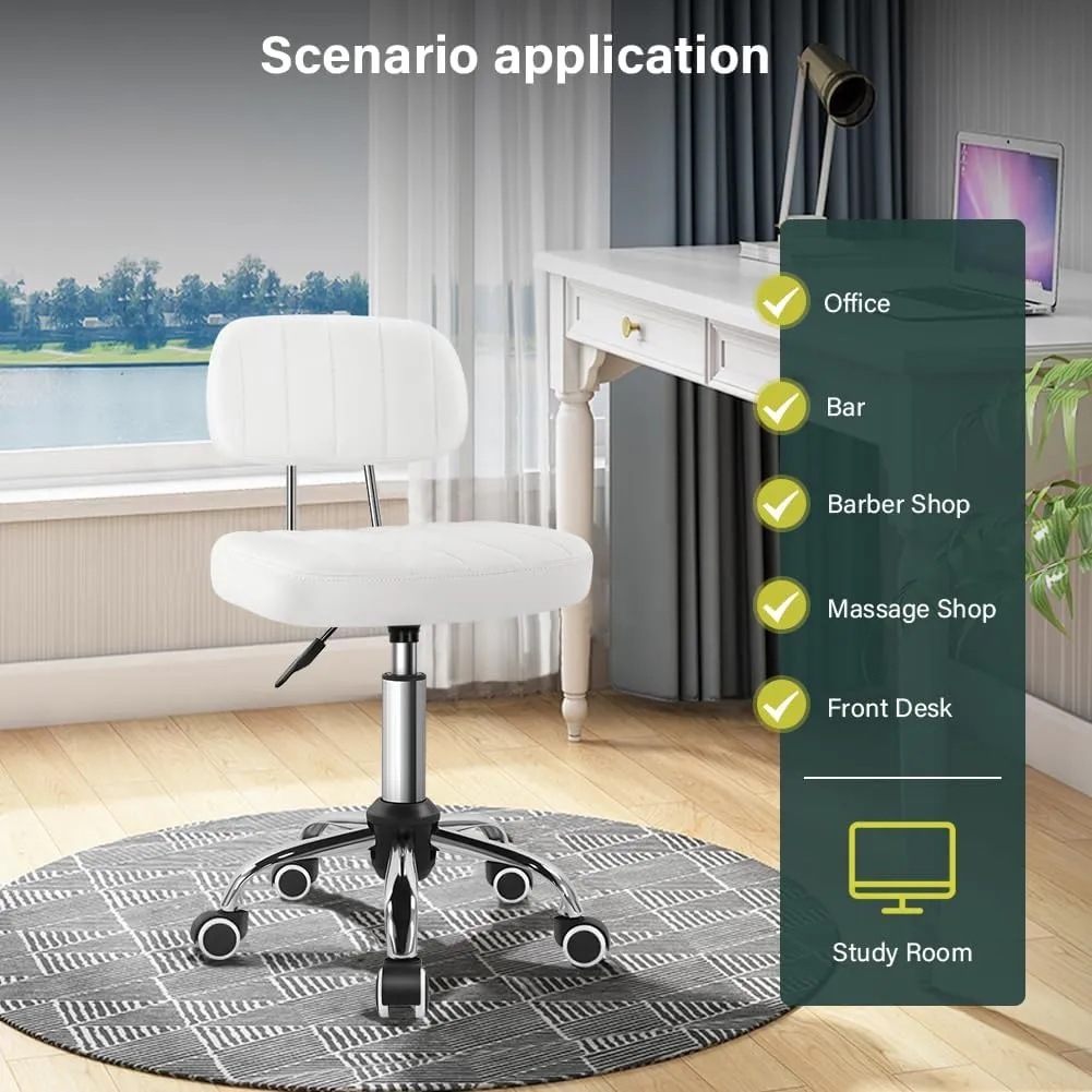 White Square Swivel Stool with Wheel for Work SPA Shop Massage Height-Adjustable and Cost-Effective Rolling Stool Chair with Back