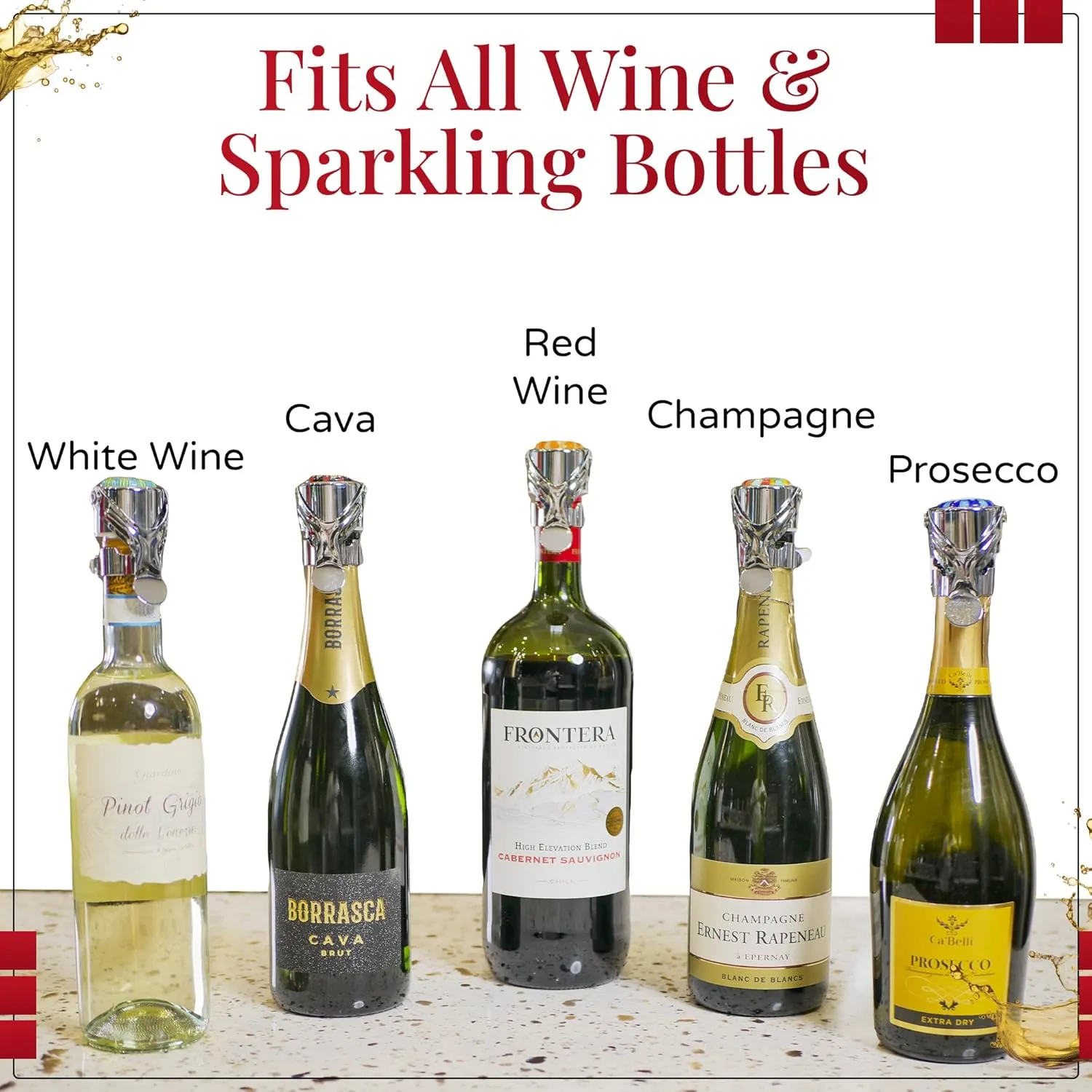 Wine Stopper & Champagne Stopper All In One - Patented Seal, Preserves Bubbles & Taste for Prosecco, Cava, and Wine – 1 Pro Grade Evan James Bottle Stopper With Hanging Gift Box