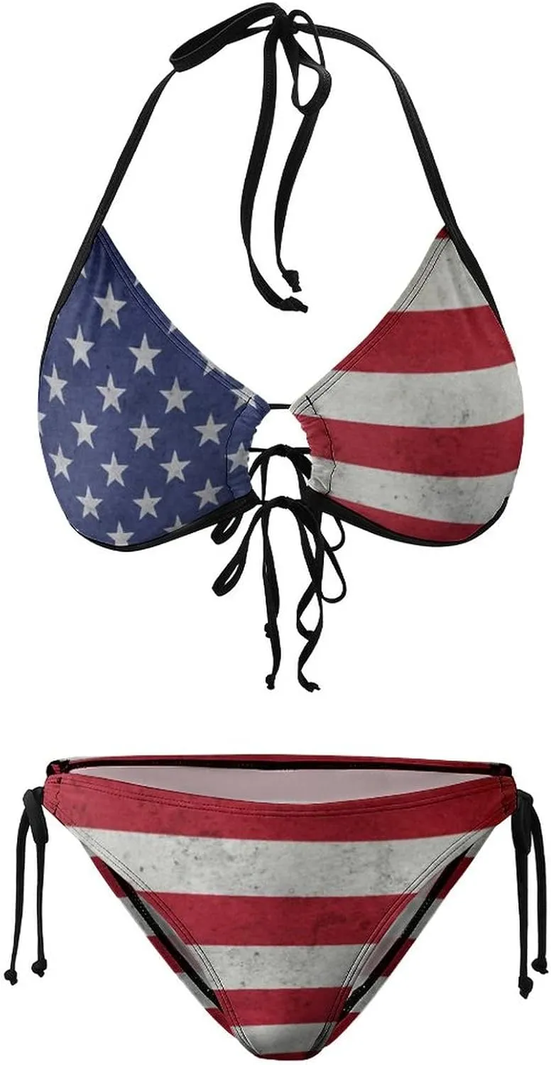 Women's American Flag Bikini Sets Two Piece Swimsuit Halter Tops and Tie Side Bottoms Bathing Suits Swimwear