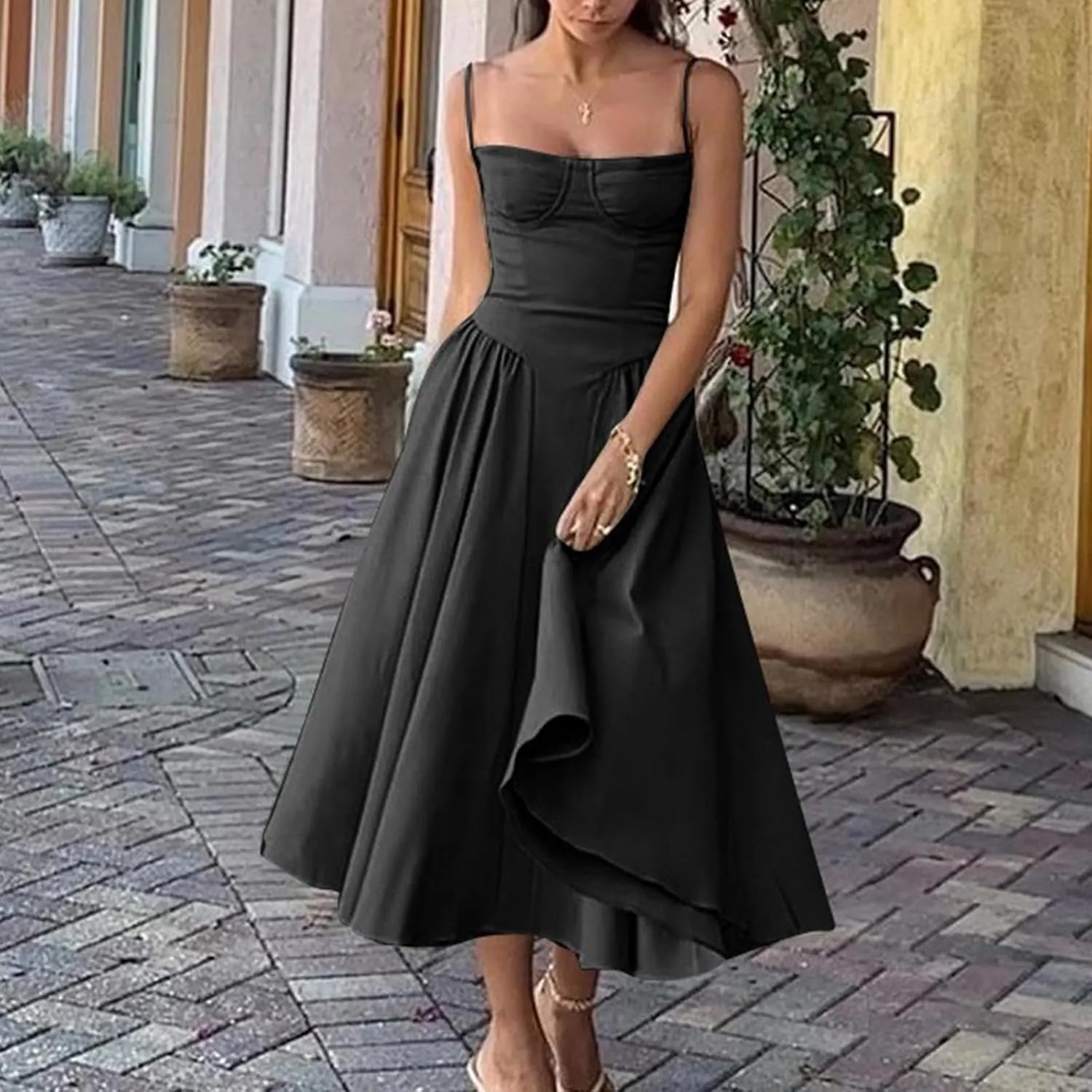 Womens Corset Dress Elegant Spaghetti Strap Midi Dress Flowy Pleated Hem Low Cut Prom Dresses Floral Bustier Dress