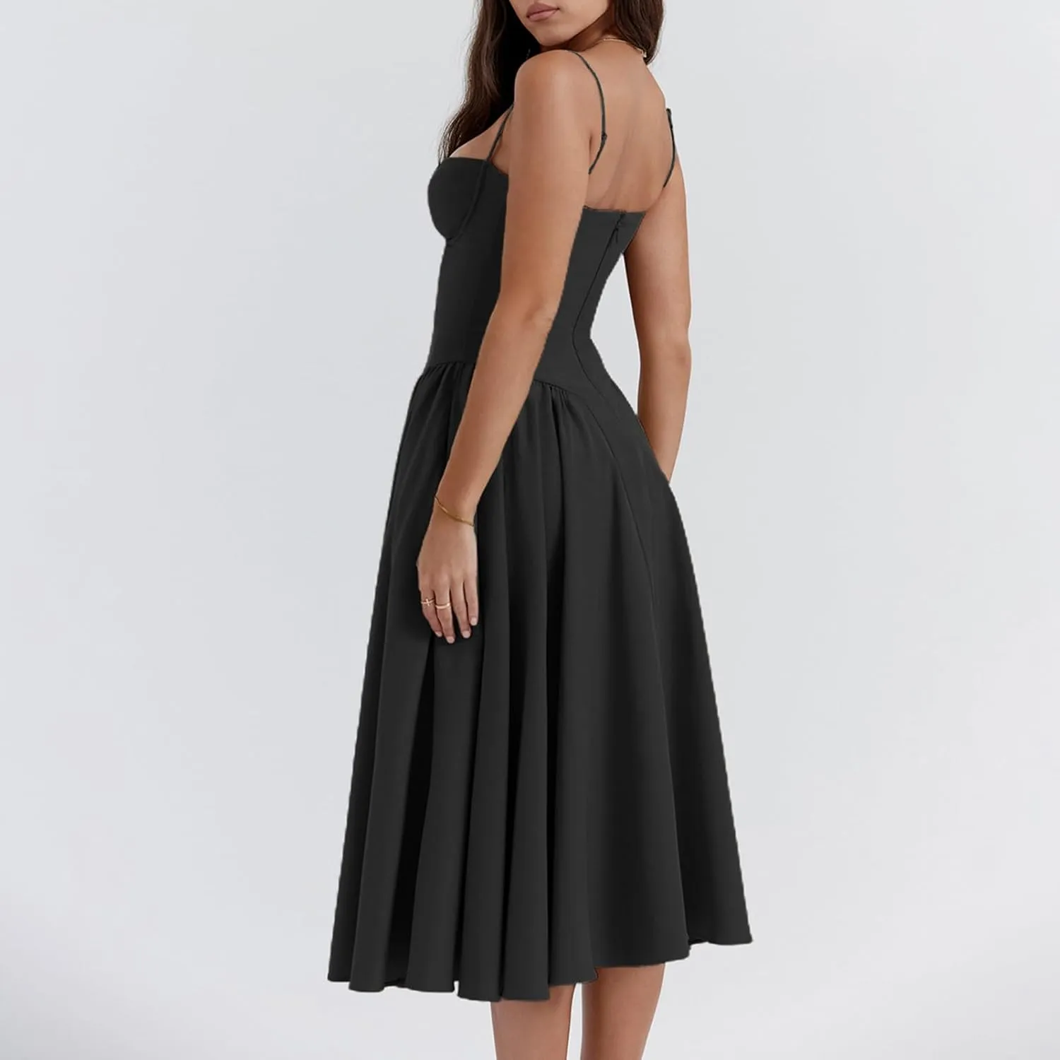 Womens Corset Dress Elegant Spaghetti Strap Midi Dress Flowy Pleated Hem Low Cut Prom Dresses Floral Bustier Dress