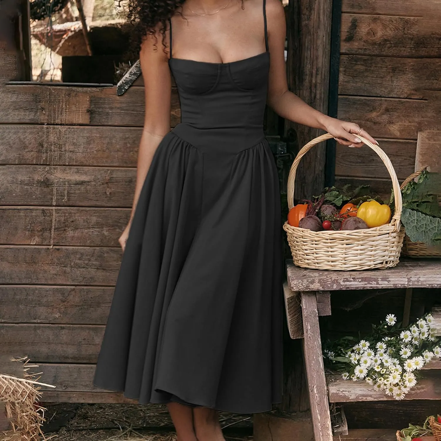 Womens Corset Dress Elegant Spaghetti Strap Midi Dress Flowy Pleated Hem Low Cut Prom Dresses Floral Bustier Dress