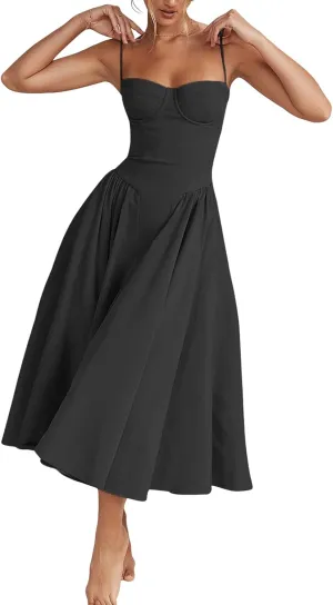 Womens Corset Dress Elegant Spaghetti Strap Midi Dress Flowy Pleated Hem Low Cut Prom Dresses Floral Bustier Dress