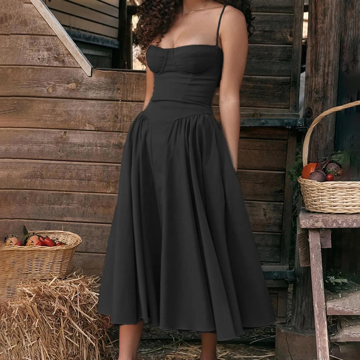 Womens Corset Dress Elegant Spaghetti Strap Midi Dress Flowy Pleated Hem Low Cut Prom Dresses Floral Bustier Dress