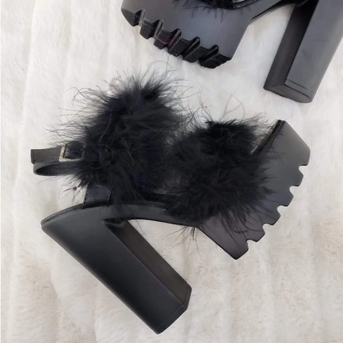 Women's Fur Ankle Strap High Heel Sandals Open Toe Chunky Heels with Feather Shoes