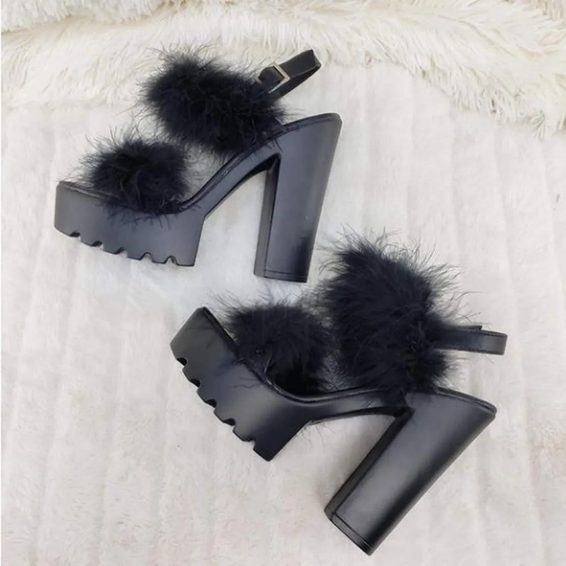 Women's Fur Ankle Strap High Heel Sandals Open Toe Chunky Heels with Feather Shoes