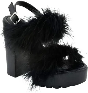 Women's Fur Ankle Strap High Heel Sandals Open Toe Chunky Heels with Feather Shoes