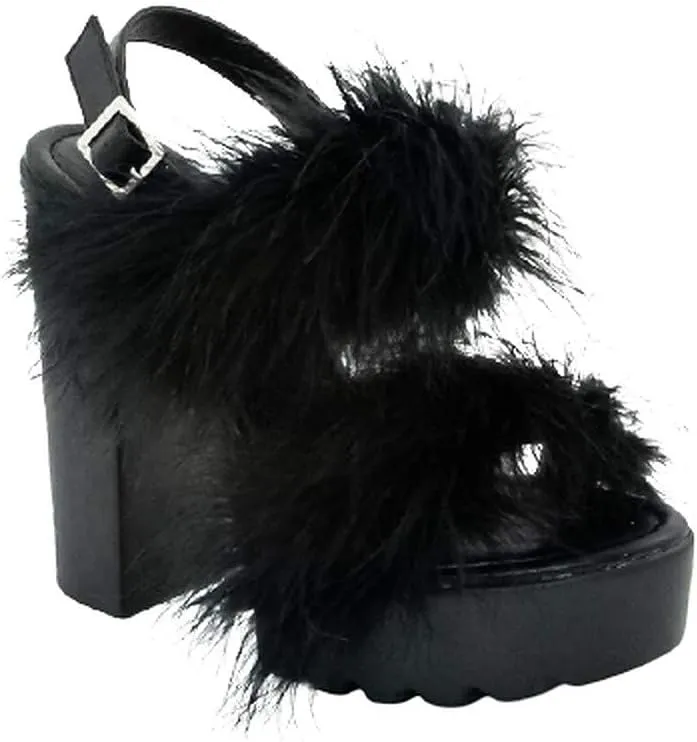 Women's Fur Ankle Strap High Heel Sandals Open Toe Chunky Heels with Feather Shoes