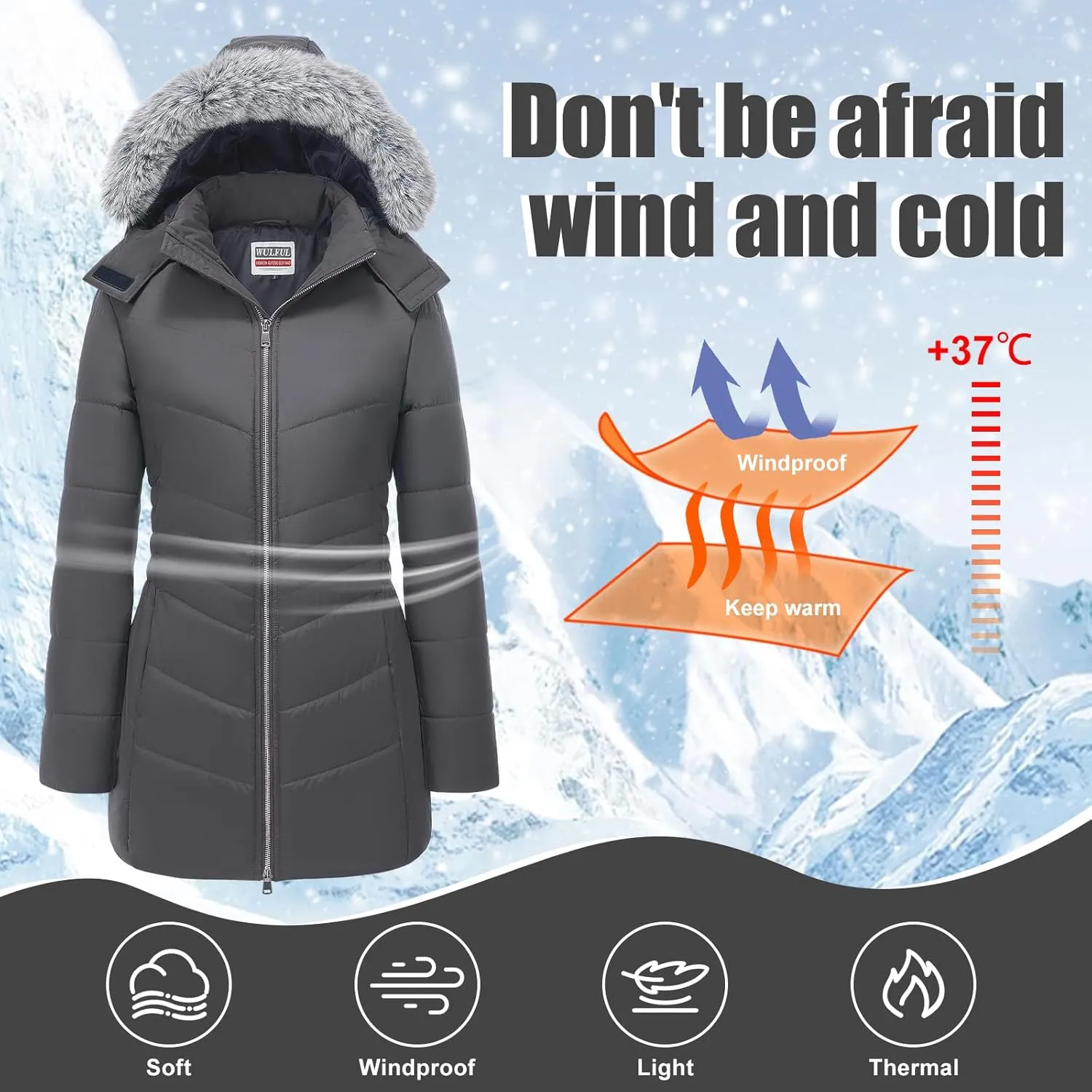 WULFUL Women's Winter Coats Long Warm Thicken Puffer Jackets Outwear With Removable Fur Hood