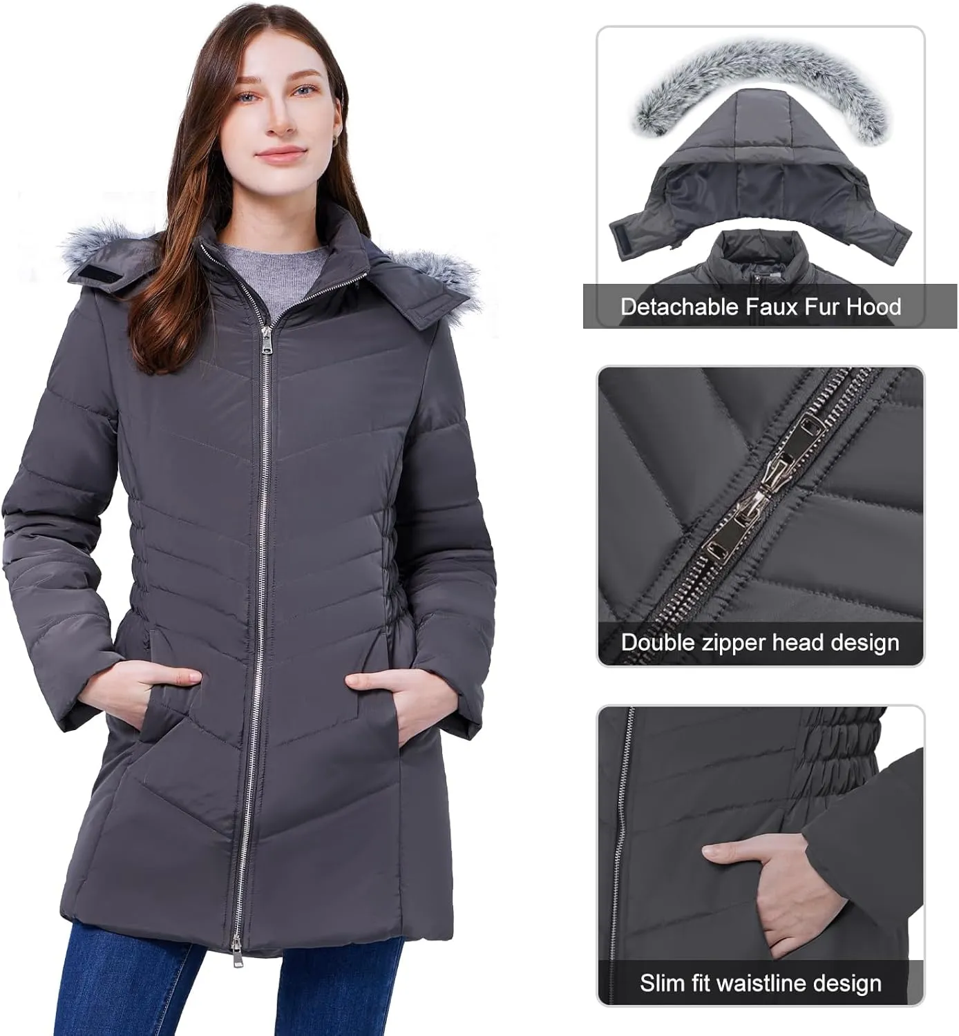 WULFUL Women's Winter Coats Long Warm Thicken Puffer Jackets Outwear With Removable Fur Hood