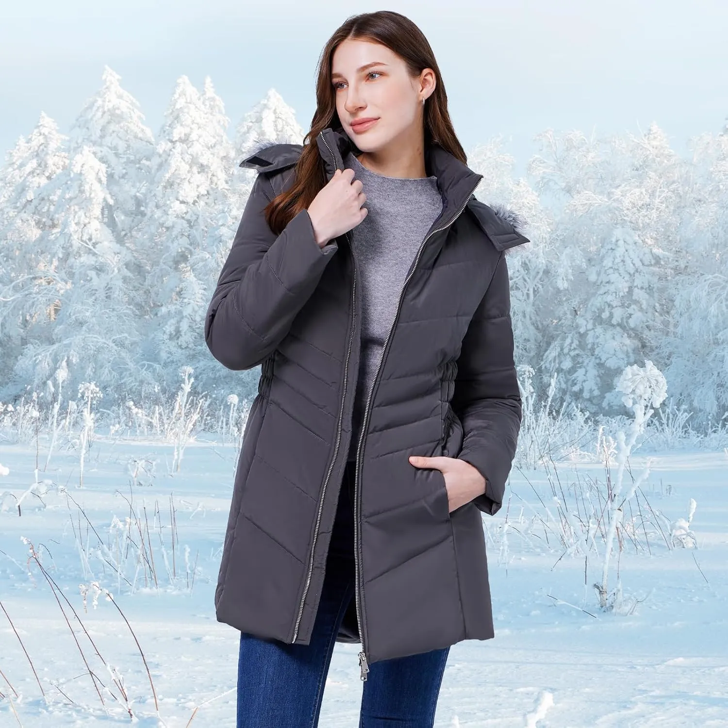 WULFUL Women's Winter Coats Long Warm Thicken Puffer Jackets Outwear With Removable Fur Hood