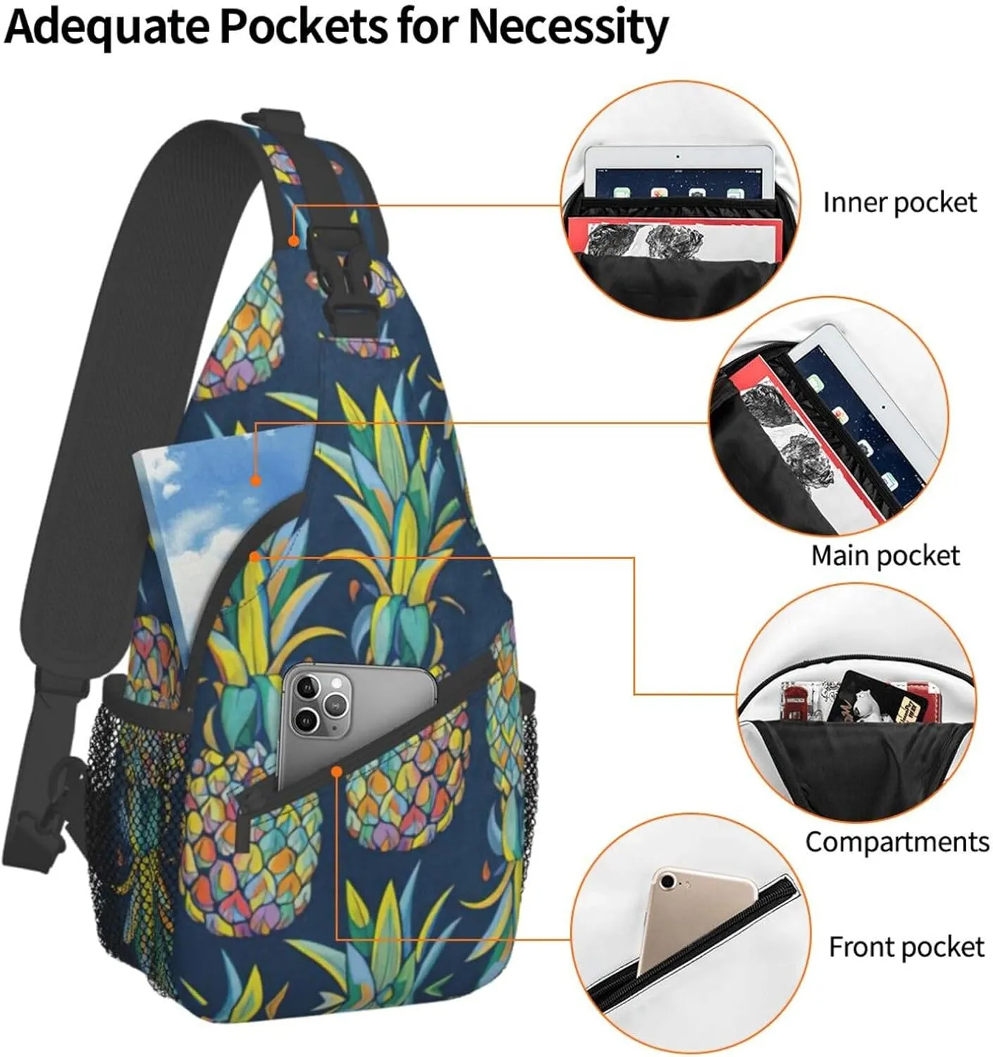 WURTON Tropical Fruit Pineapple Print Crossbody Sling Backpack Sling Bag Travel Hiking Chest Bag Daypack