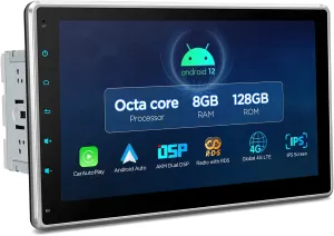 XTRONS Universal Double Din Car Stereo, Android 12 Octa Core 8GB 128GB Car Radio, 10.1 Inch Rotatable QLED IPS Touch Screen GPS Navigation for Car Bluetooth Head Unit DSP Car Play Android Auto 4G LTE