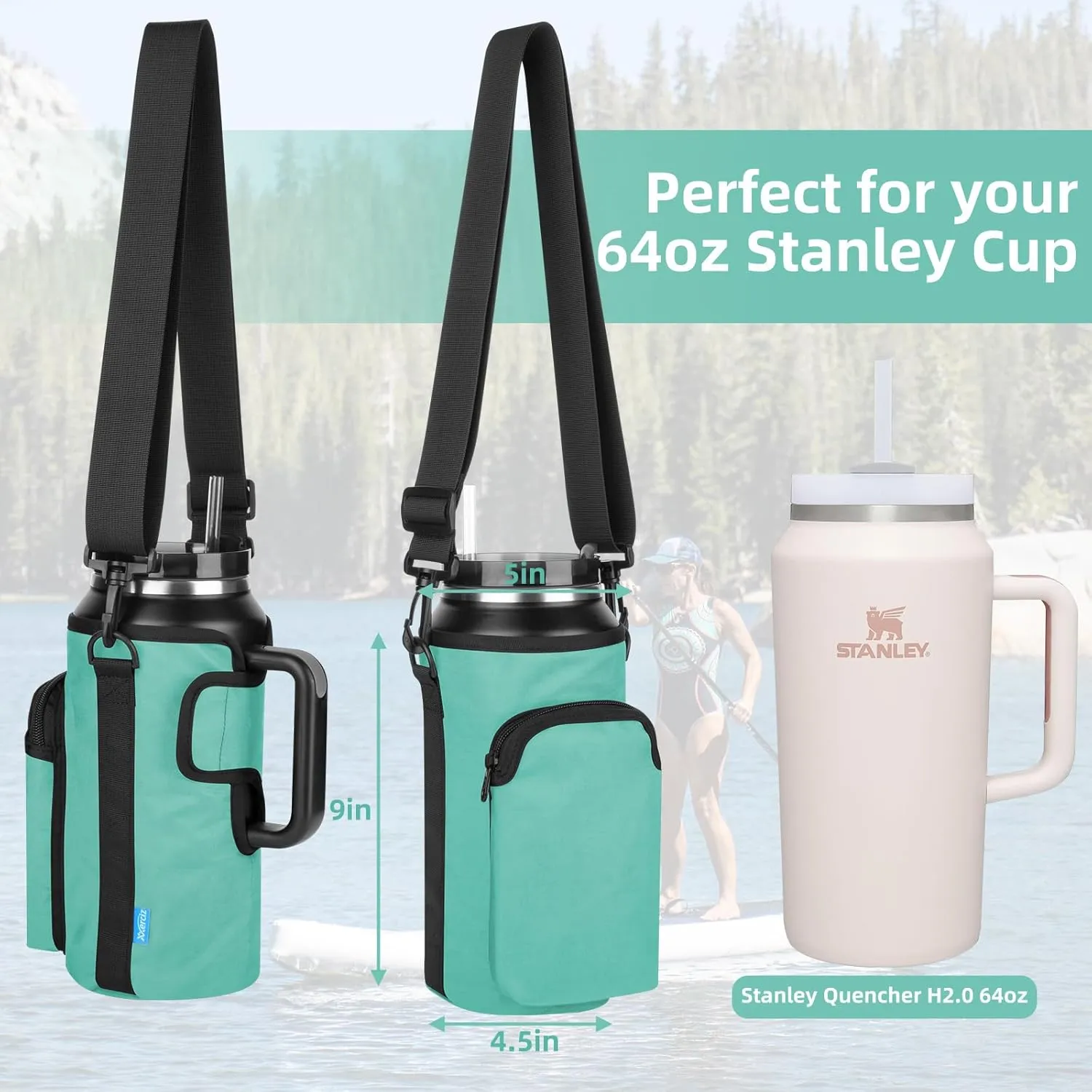 Xxerciz Water Bottle Carrier Bag with Phone Pocket for Stanley 30/40/64oz Tumbler with Handle, Nylon Water Bottle Holder Pouch with Adjustable Strap, Bottle Sling Sleeve for Stanley Cup Accessories