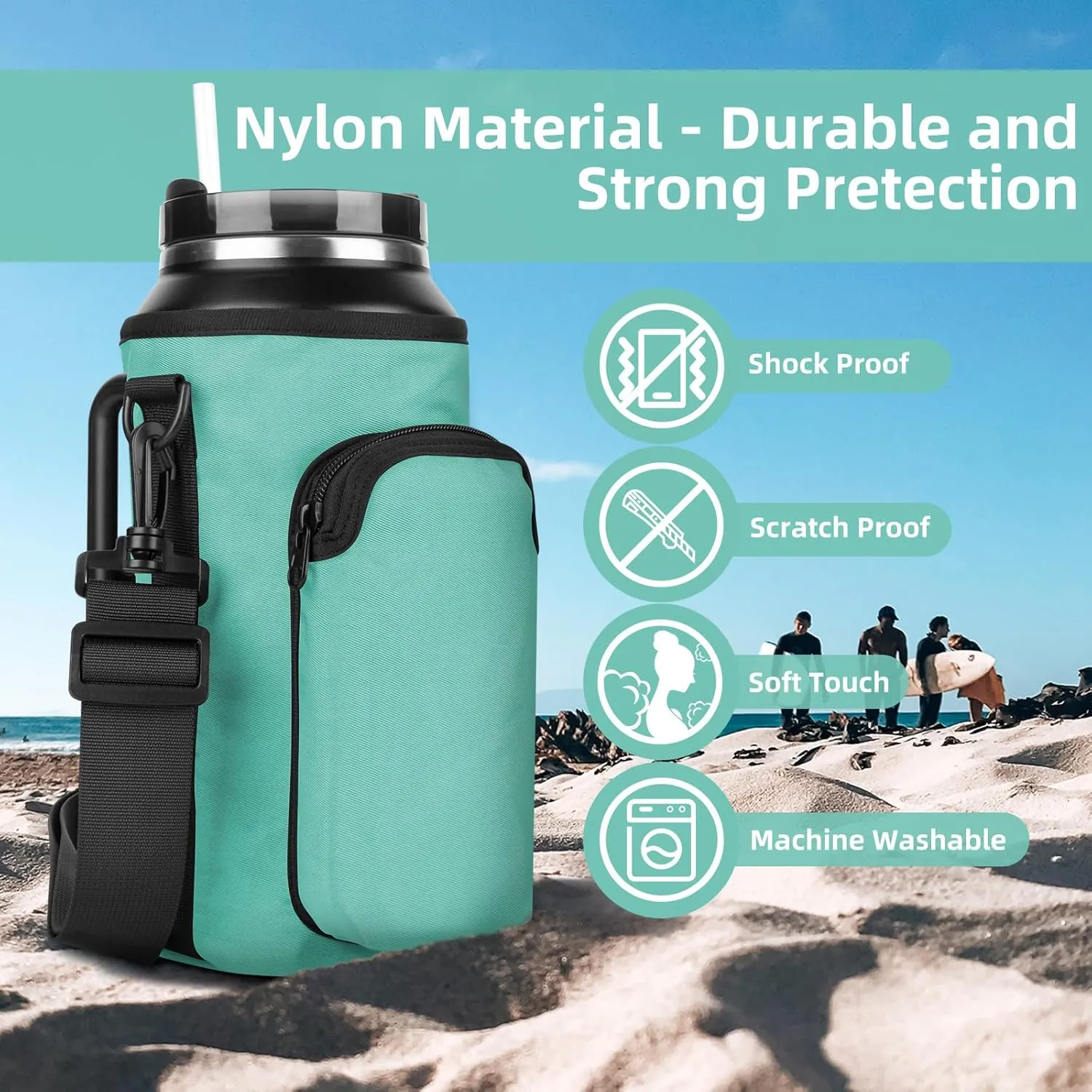 Xxerciz Water Bottle Carrier Bag with Phone Pocket for Stanley 30/40/64oz Tumbler with Handle, Nylon Water Bottle Holder Pouch with Adjustable Strap, Bottle Sling Sleeve for Stanley Cup Accessories