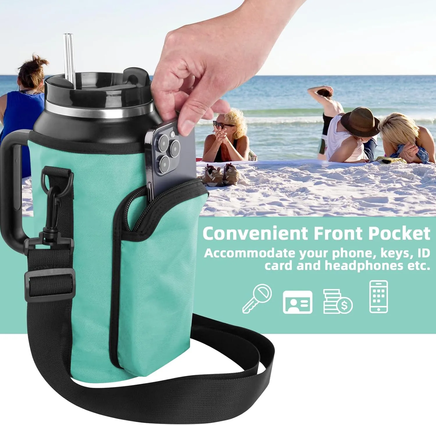 Xxerciz Water Bottle Carrier Bag with Phone Pocket for Stanley 30/40/64oz Tumbler with Handle, Nylon Water Bottle Holder Pouch with Adjustable Strap, Bottle Sling Sleeve for Stanley Cup Accessories