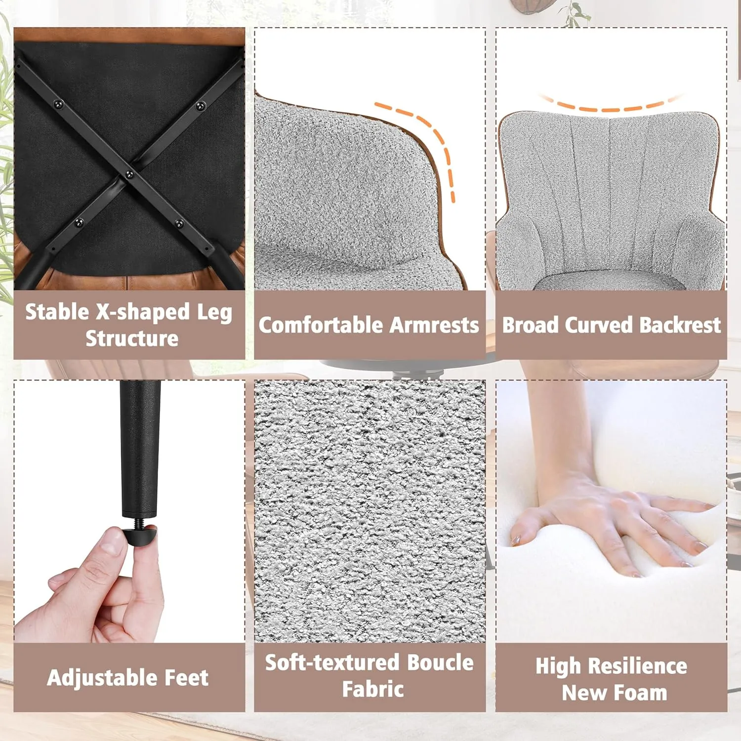 Yaheetech Accent Chair, Modern Fuzzy Boucle Fabric and Faux Leather Armchair, Upholstered Vanity Chair with High Curved Back and Metal Legs for Living Room Makeup Bedroom, Gray/Retro Brown