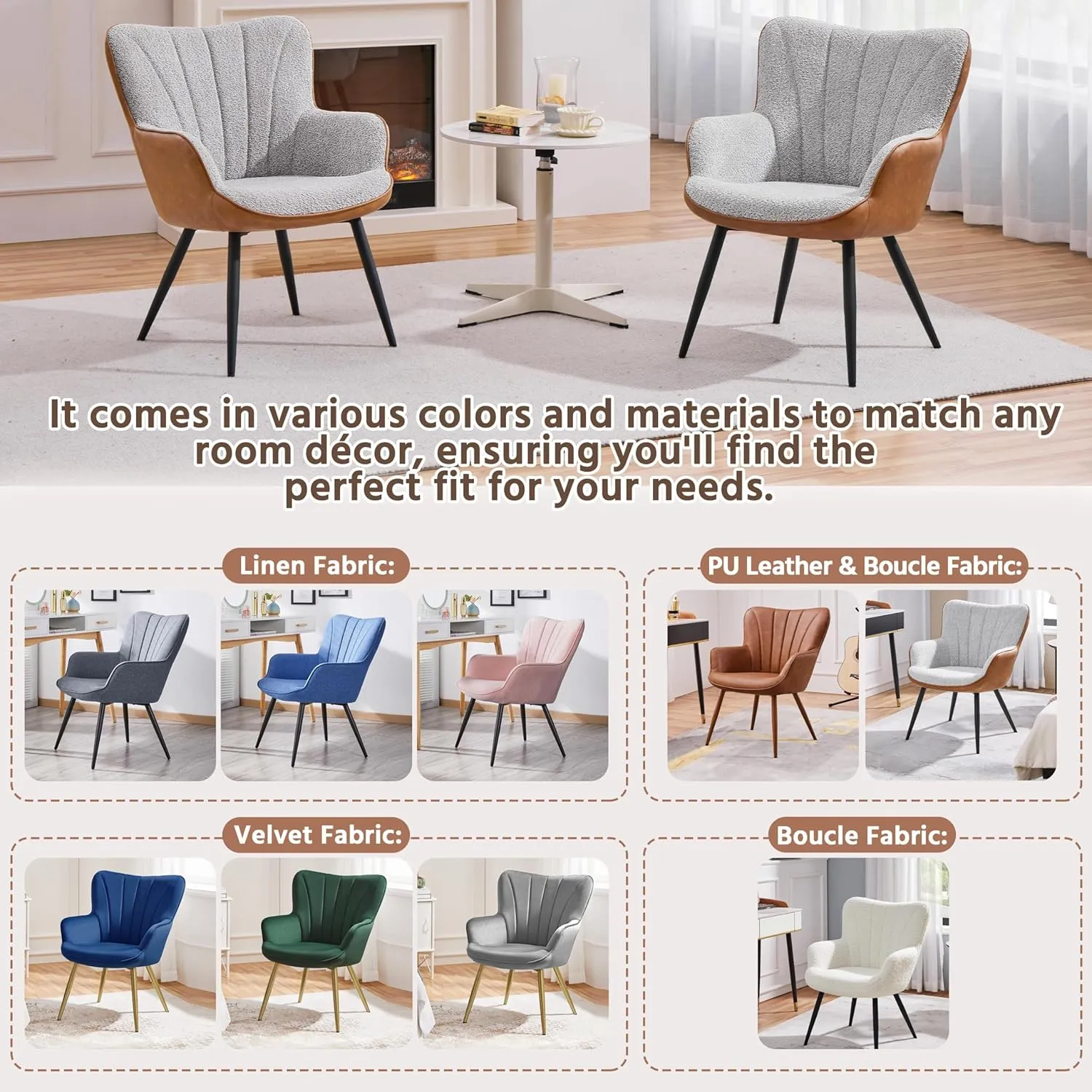 Yaheetech Accent Chair, Modern Fuzzy Boucle Fabric and Faux Leather Armchair, Upholstered Vanity Chair with High Curved Back and Metal Legs for Living Room Makeup Bedroom, Gray/Retro Brown