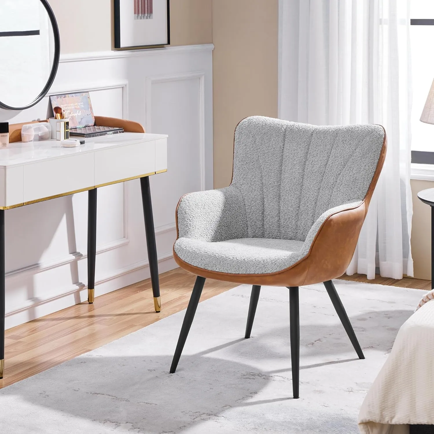 Yaheetech Accent Chair, Modern Fuzzy Boucle Fabric and Faux Leather Armchair, Upholstered Vanity Chair with High Curved Back and Metal Legs for Living Room Makeup Bedroom, Gray/Retro Brown