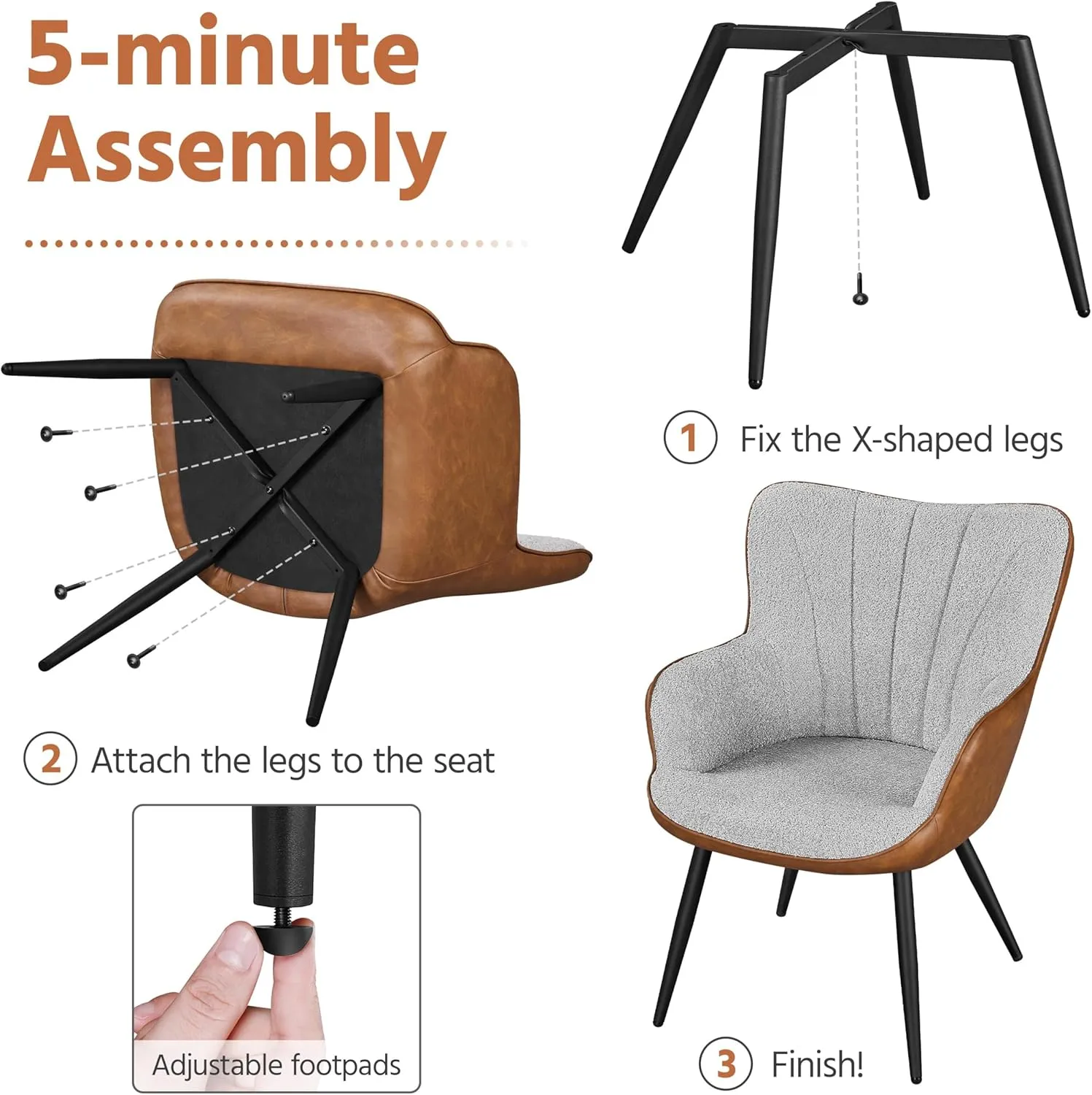 Yaheetech Accent Chair, Modern Fuzzy Boucle Fabric and Faux Leather Armchair, Upholstered Vanity Chair with High Curved Back and Metal Legs for Living Room Makeup Bedroom, Gray/Retro Brown