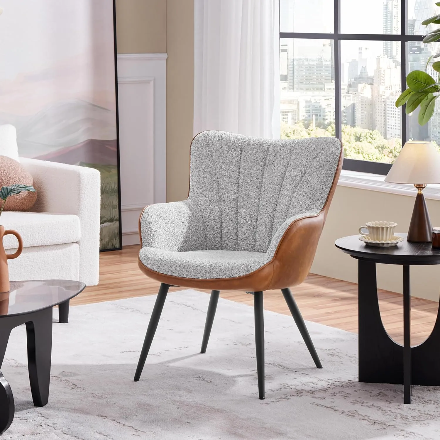 Yaheetech Accent Chair, Modern Fuzzy Boucle Fabric and Faux Leather Armchair, Upholstered Vanity Chair with High Curved Back and Metal Legs for Living Room Makeup Bedroom, Gray/Retro Brown