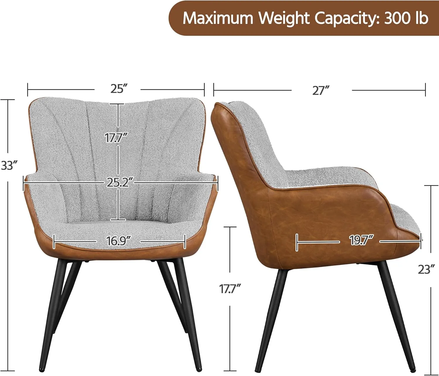 Yaheetech Accent Chair, Modern Fuzzy Boucle Fabric and Faux Leather Armchair, Upholstered Vanity Chair with High Curved Back and Metal Legs for Living Room Makeup Bedroom, Gray/Retro Brown