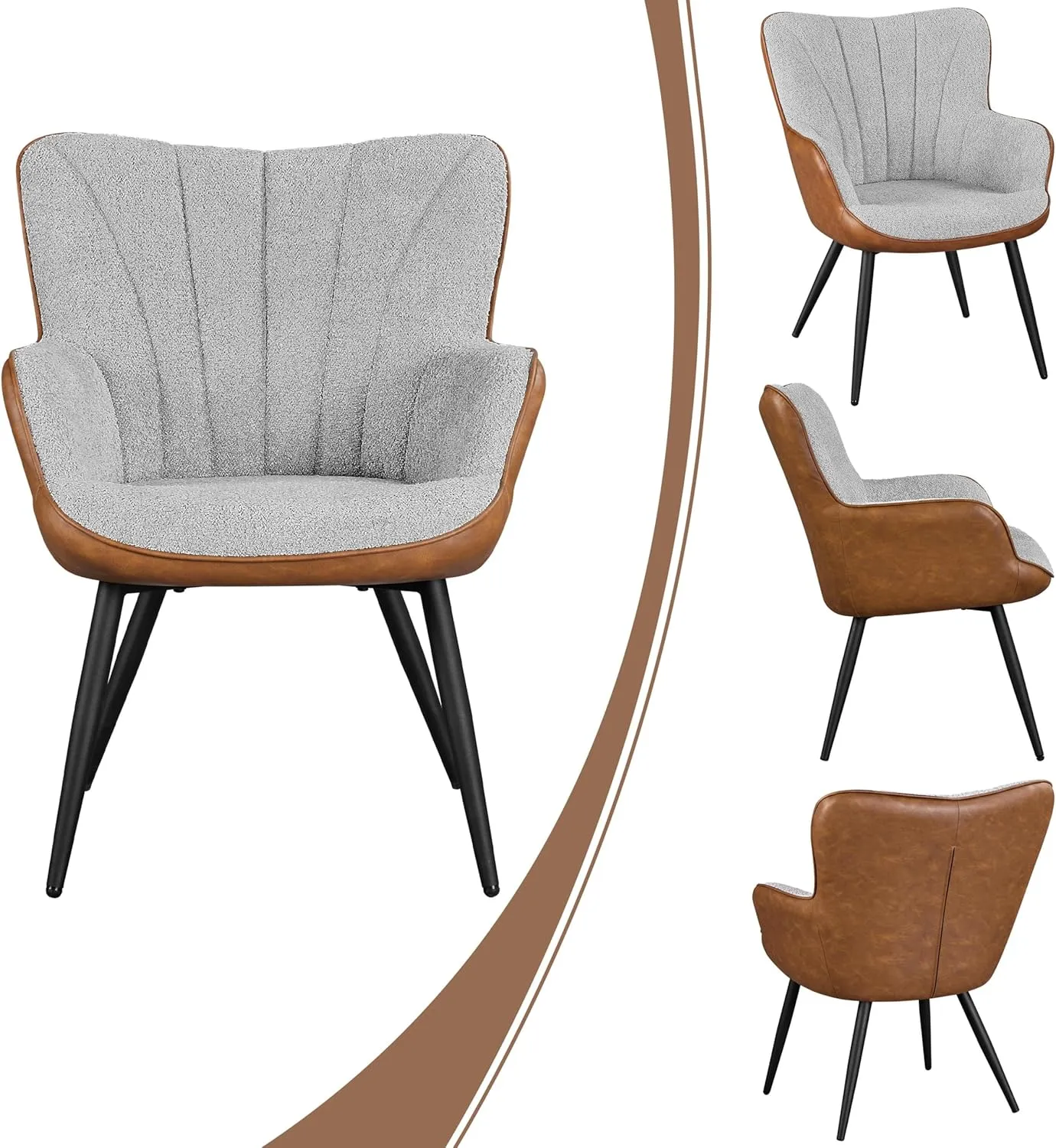 Yaheetech Accent Chair, Modern Fuzzy Boucle Fabric and Faux Leather Armchair, Upholstered Vanity Chair with High Curved Back and Metal Legs for Living Room Makeup Bedroom, Gray/Retro Brown