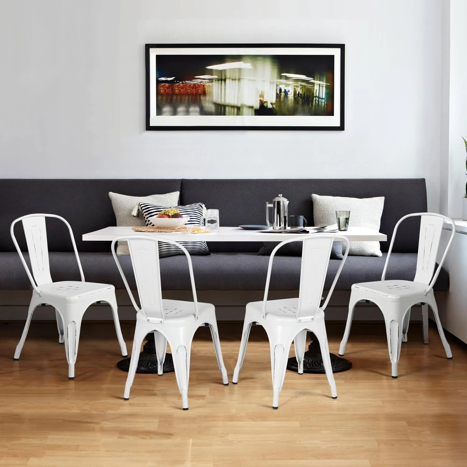 Yaheetech Metal Kitchen Dining Chairs Indoor-Outdoor Distressed Style Stackable Side Coffee Chairs in Distressed White, Set of 4
