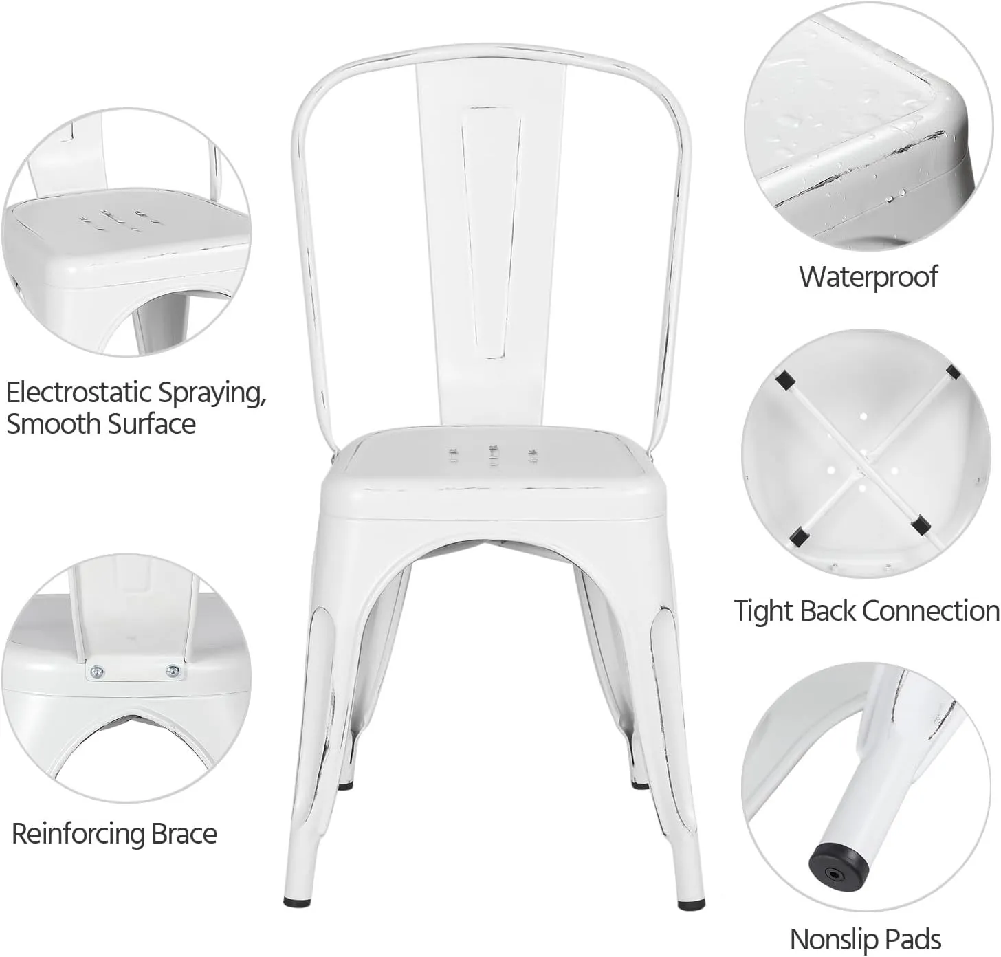 Yaheetech Metal Kitchen Dining Chairs Indoor-Outdoor Distressed Style Stackable Side Coffee Chairs in Distressed White, Set of 4