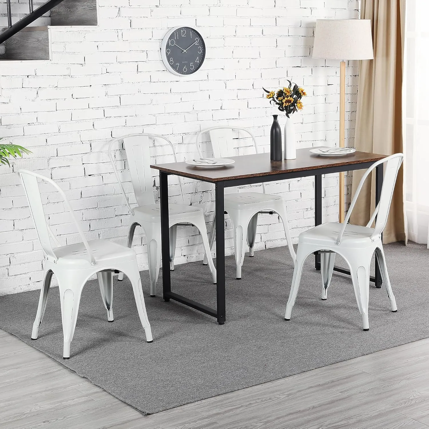 Yaheetech Metal Kitchen Dining Chairs Indoor-Outdoor Distressed Style Stackable Side Coffee Chairs in Distressed White, Set of 4