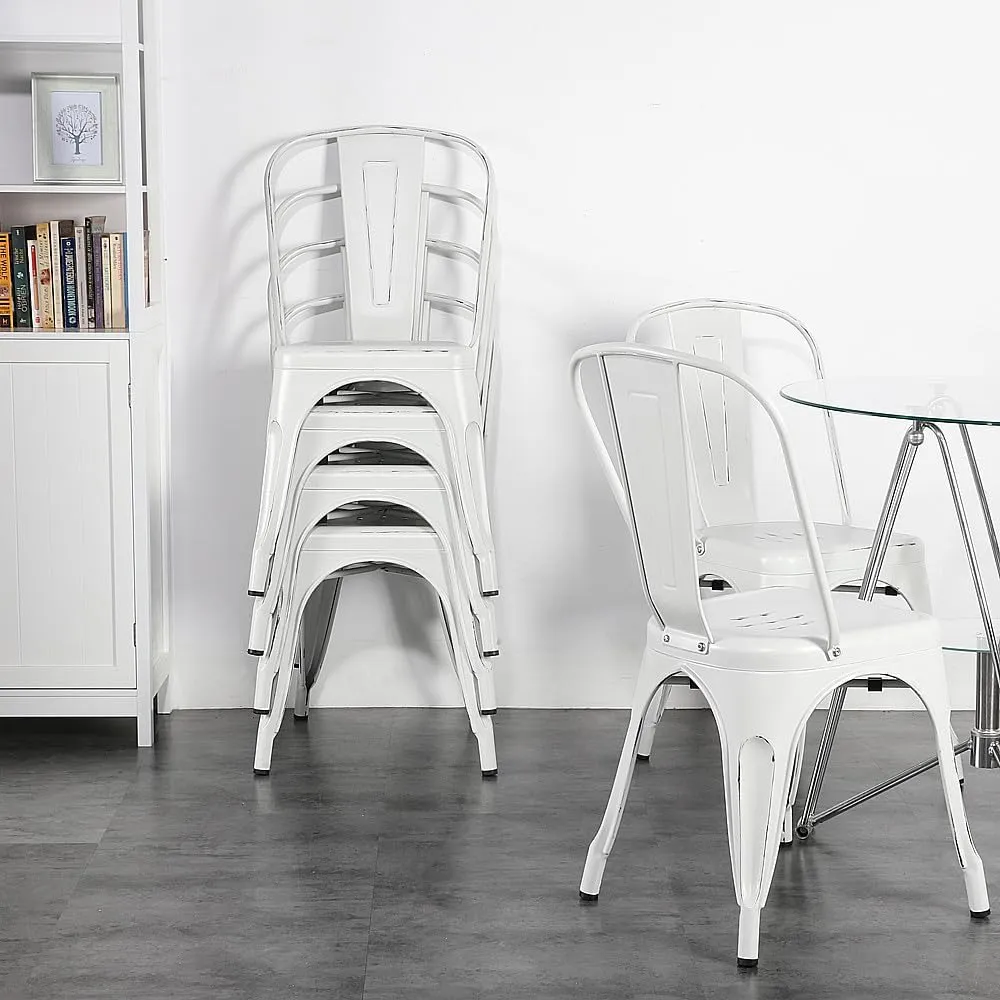 Yaheetech Metal Kitchen Dining Chairs Indoor-Outdoor Distressed Style Stackable Side Coffee Chairs in Distressed White, Set of 4