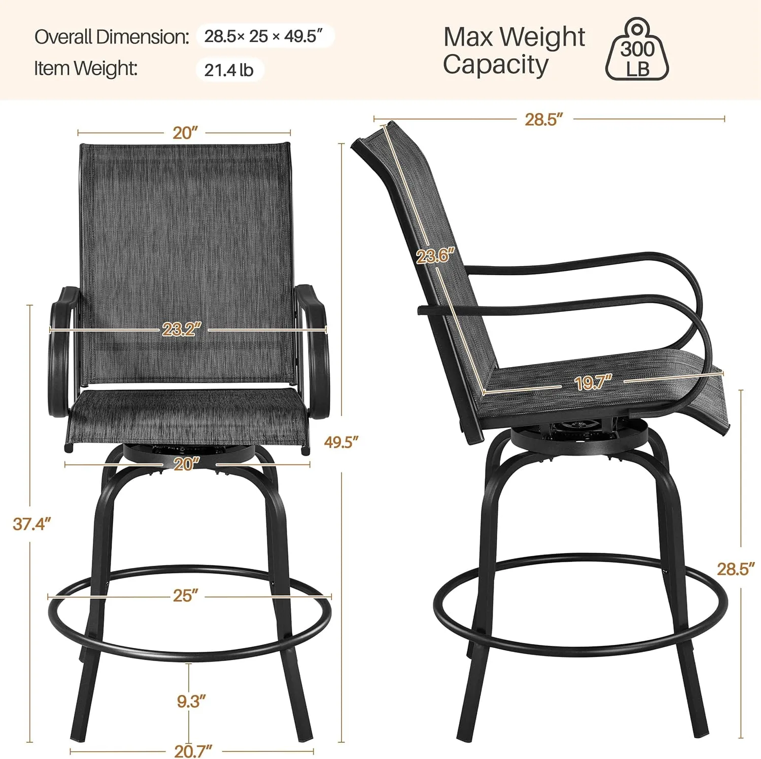 Yaheetech Outdoor Patio Swivel Bar Stools Outdoor Chairs Set of 2, All-Weather Patio Stools for Outside, Beach, Lawn, Poolside and Garden, Black