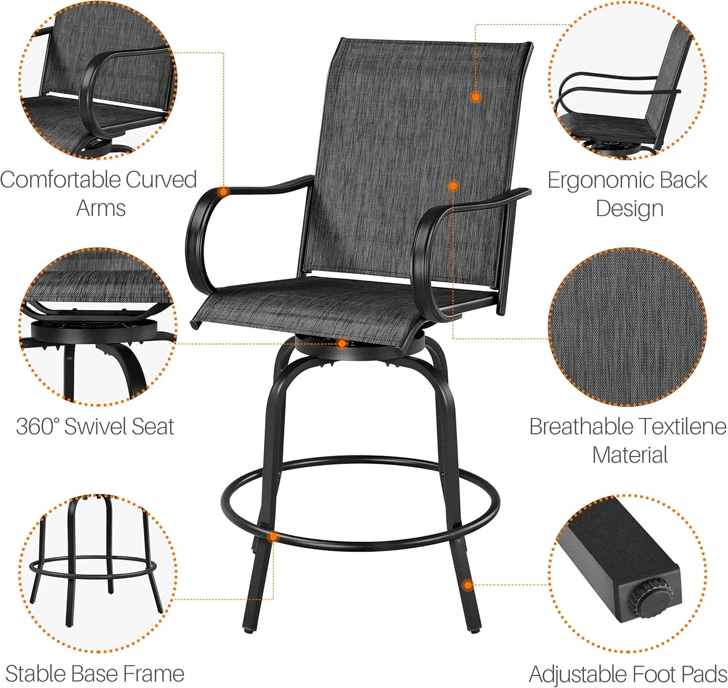 Yaheetech Outdoor Patio Swivel Bar Stools Outdoor Chairs Set of 2, All-Weather Patio Stools for Outside, Beach, Lawn, Poolside and Garden, Black