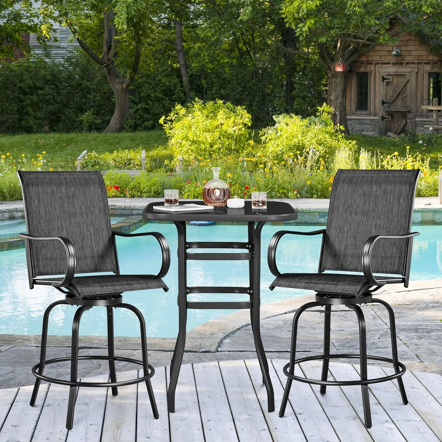 Yaheetech Outdoor Patio Swivel Bar Stools Outdoor Chairs Set of 2, All-Weather Patio Stools for Outside, Beach, Lawn, Poolside and Garden, Black
