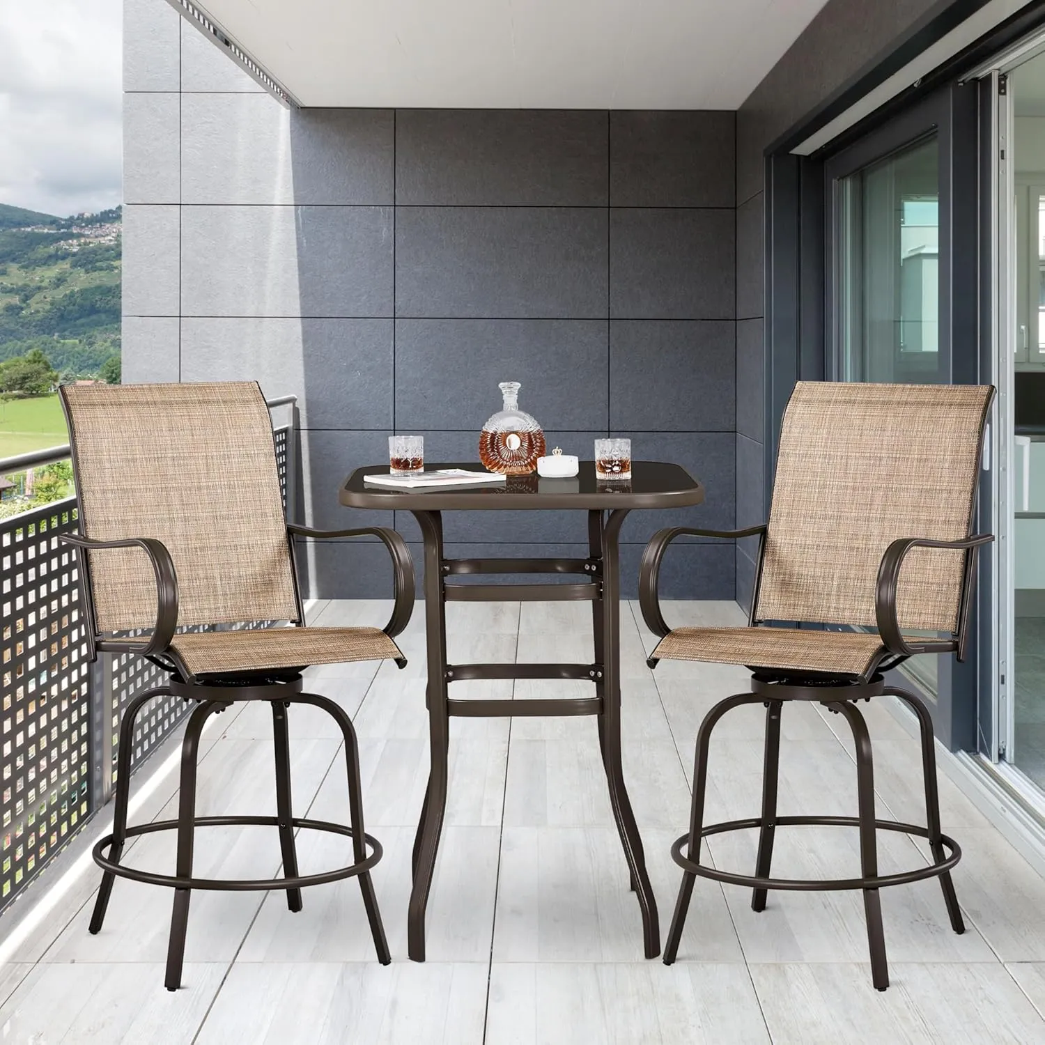 Yaheetech Patio Swivel Bar Stools Set of 2, All-Weather Outdoor High Bistro Stools for Outside, Beach, Lawn, Poolside and Garden, Brown