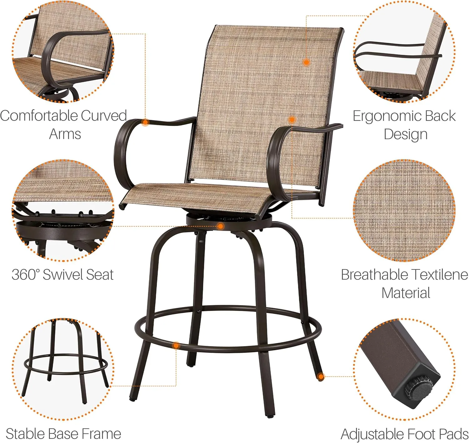 Yaheetech Patio Swivel Bar Stools Set of 2, All-Weather Outdoor High Bistro Stools for Outside, Beach, Lawn, Poolside and Garden, Brown