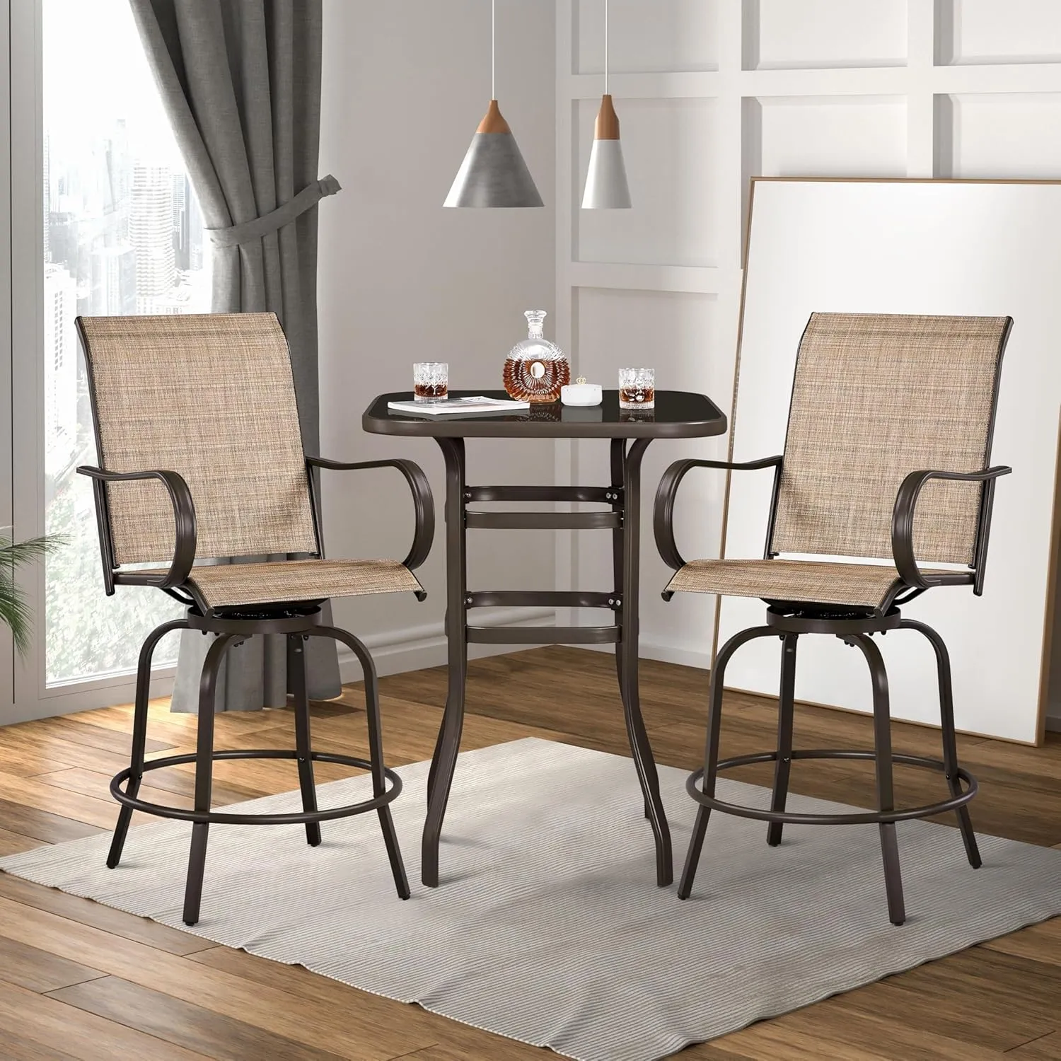 Yaheetech Patio Swivel Bar Stools Set of 2, All-Weather Outdoor High Bistro Stools for Outside, Beach, Lawn, Poolside and Garden, Brown