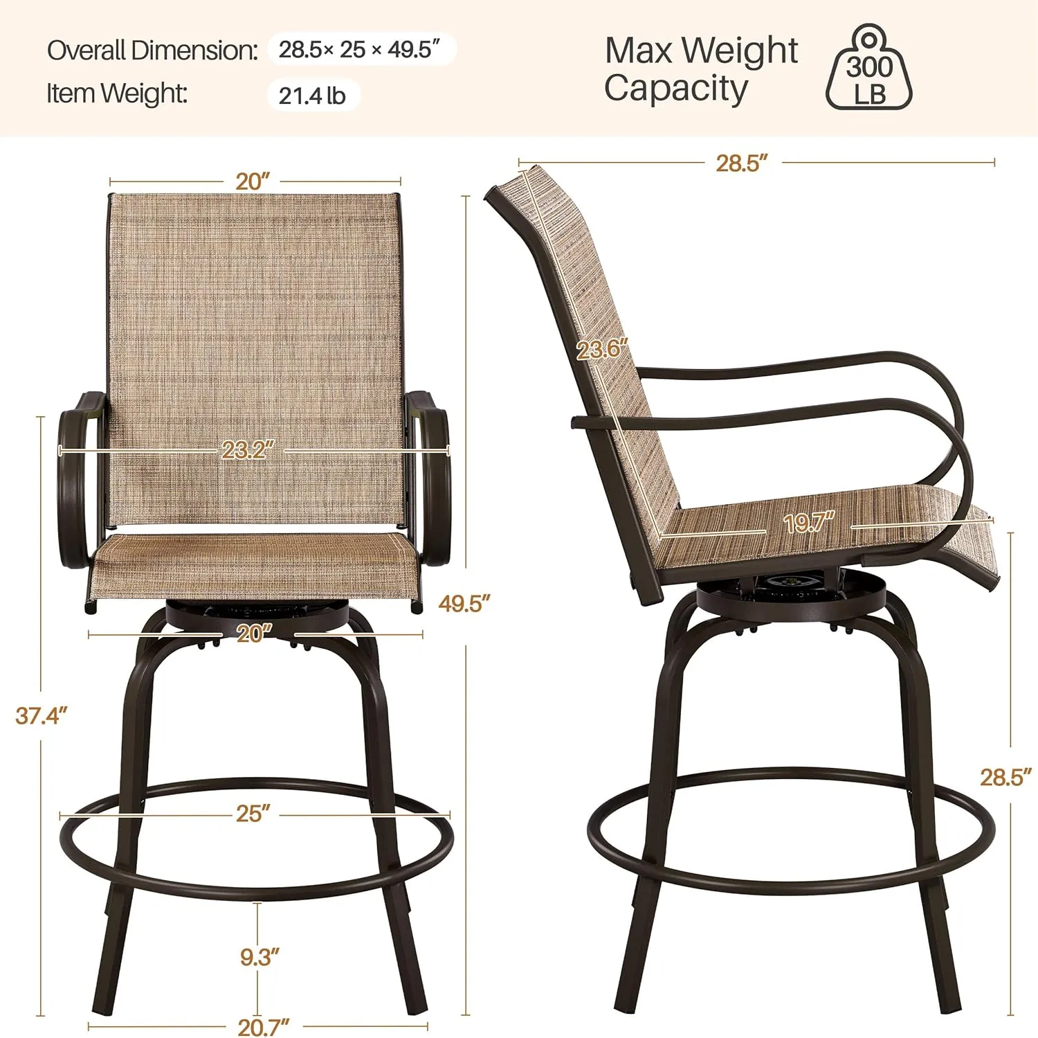 Yaheetech Patio Swivel Bar Stools Set of 2, All-Weather Outdoor High Bistro Stools for Outside, Beach, Lawn, Poolside and Garden, Brown