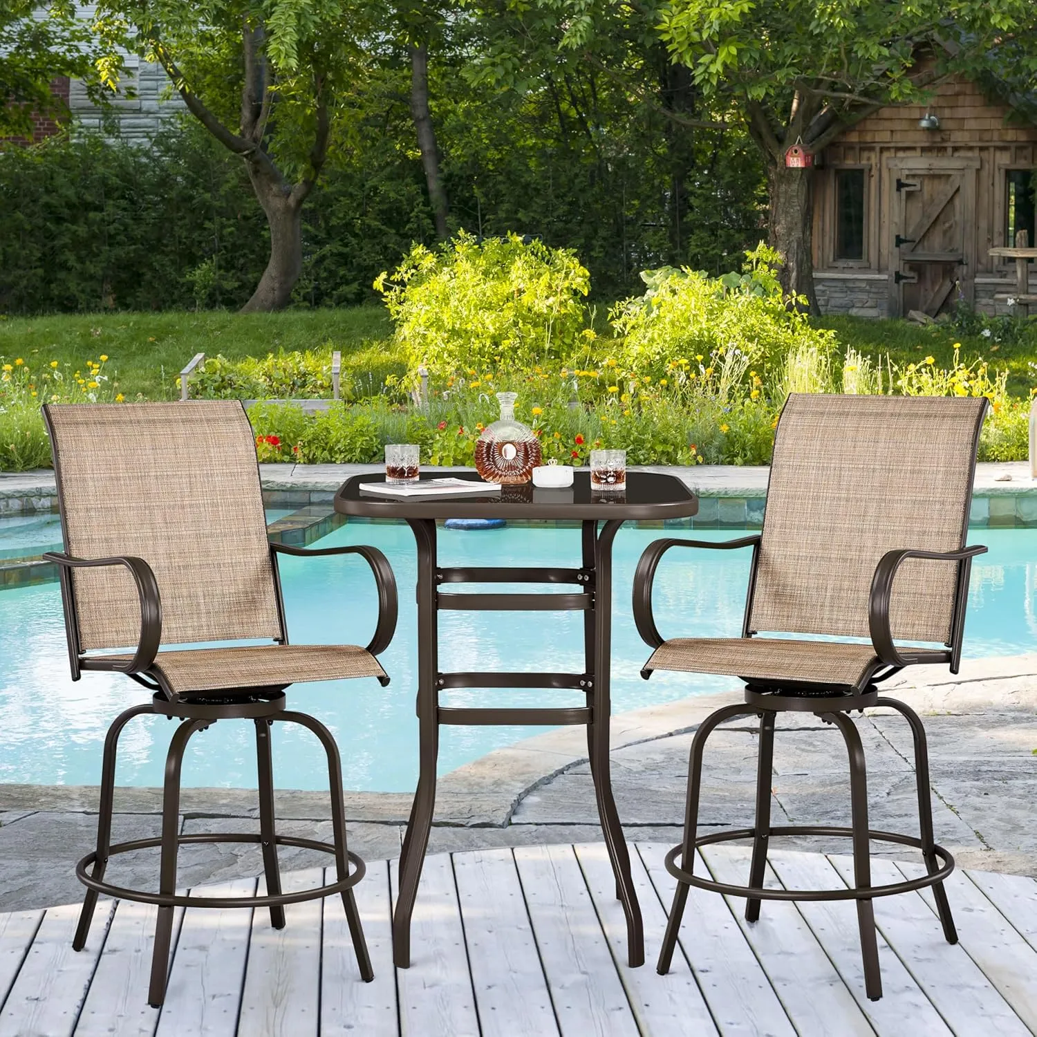 Yaheetech Patio Swivel Bar Stools Set of 2, All-Weather Outdoor High Bistro Stools for Outside, Beach, Lawn, Poolside and Garden, Brown