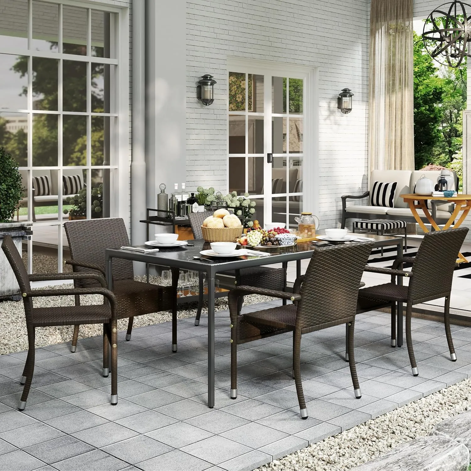 Yaheetech Set of 2 Stackable Outdoor Rattan Dining Chairs, All-Weather Armchair w/Armrests, Steel Frame for Garden, Patio, Deck, Yard, Poolside, Brown