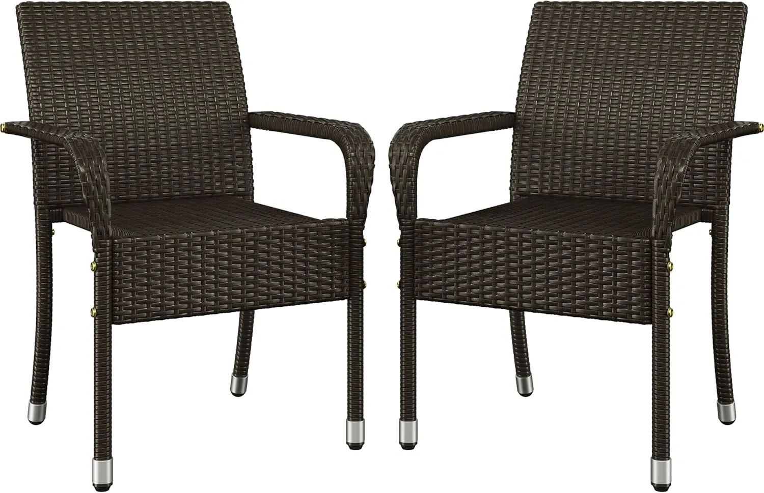 Yaheetech Set of 2 Stackable Outdoor Rattan Dining Chairs, All-Weather Armchair w/Armrests, Steel Frame for Garden, Patio, Deck, Yard, Poolside, Brown