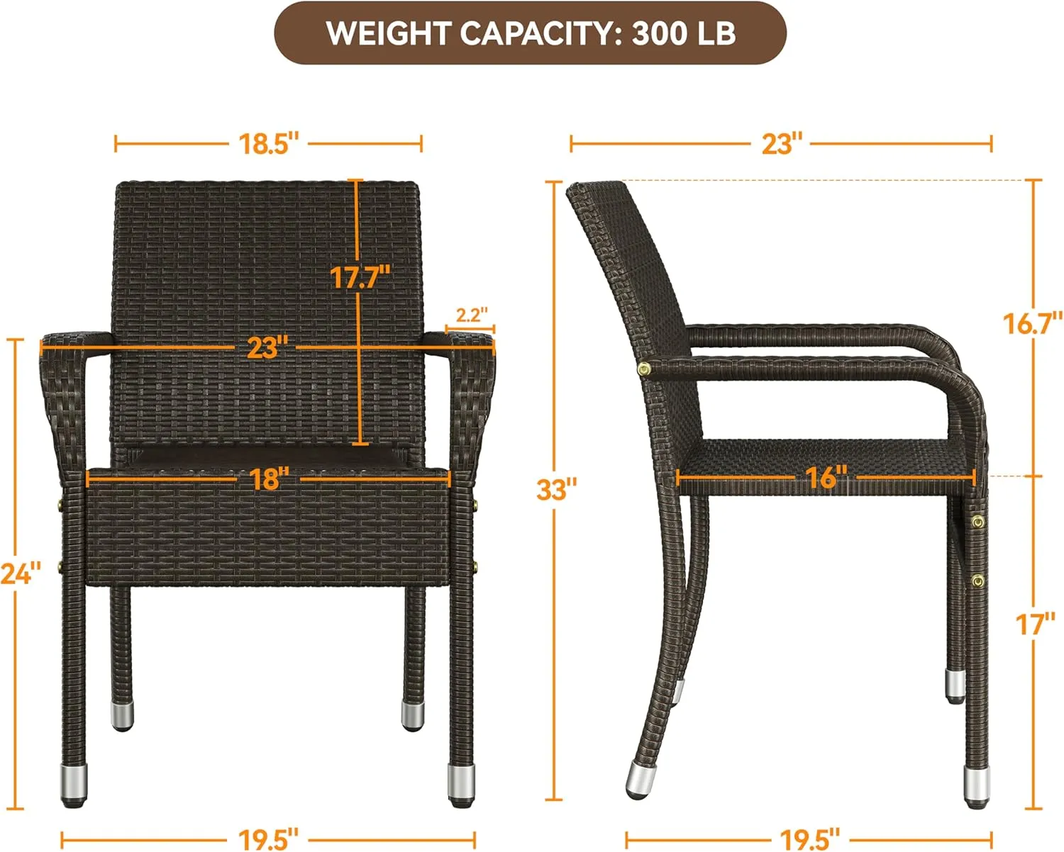 Yaheetech Set of 2 Stackable Outdoor Rattan Dining Chairs, All-Weather Armchair w/Armrests, Steel Frame for Garden, Patio, Deck, Yard, Poolside, Brown