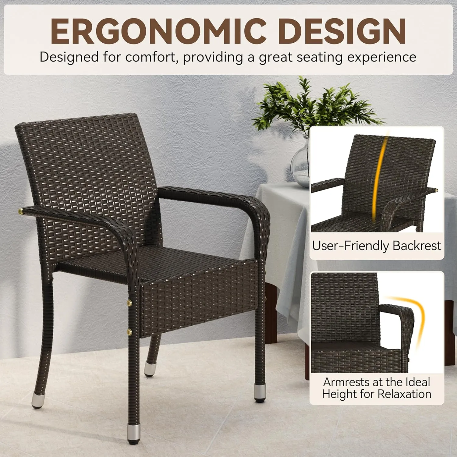 Yaheetech Set of 2 Stackable Outdoor Rattan Dining Chairs, All-Weather Armchair w/Armrests, Steel Frame for Garden, Patio, Deck, Yard, Poolside, Brown