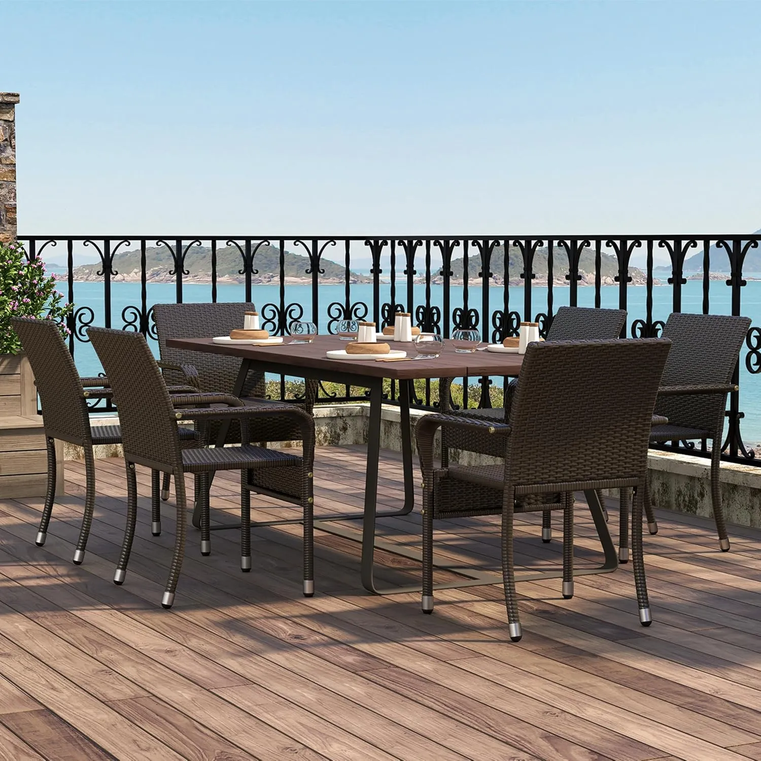 Yaheetech Set of 6 Stackable Outdoor Rattan Dining Chairs, All-Weather Armchair w/Armrests, Steel Frame for Garden, Patio, Deck, Yard, Poolside, Brown