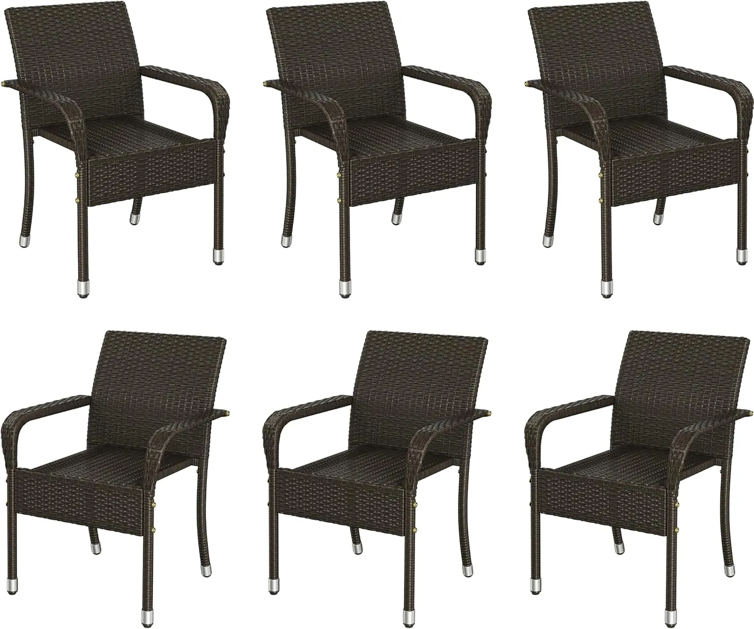 Yaheetech Set of 6 Stackable Outdoor Rattan Dining Chairs, All-Weather Armchair w/Armrests, Steel Frame for Garden, Patio, Deck, Yard, Poolside, Brown