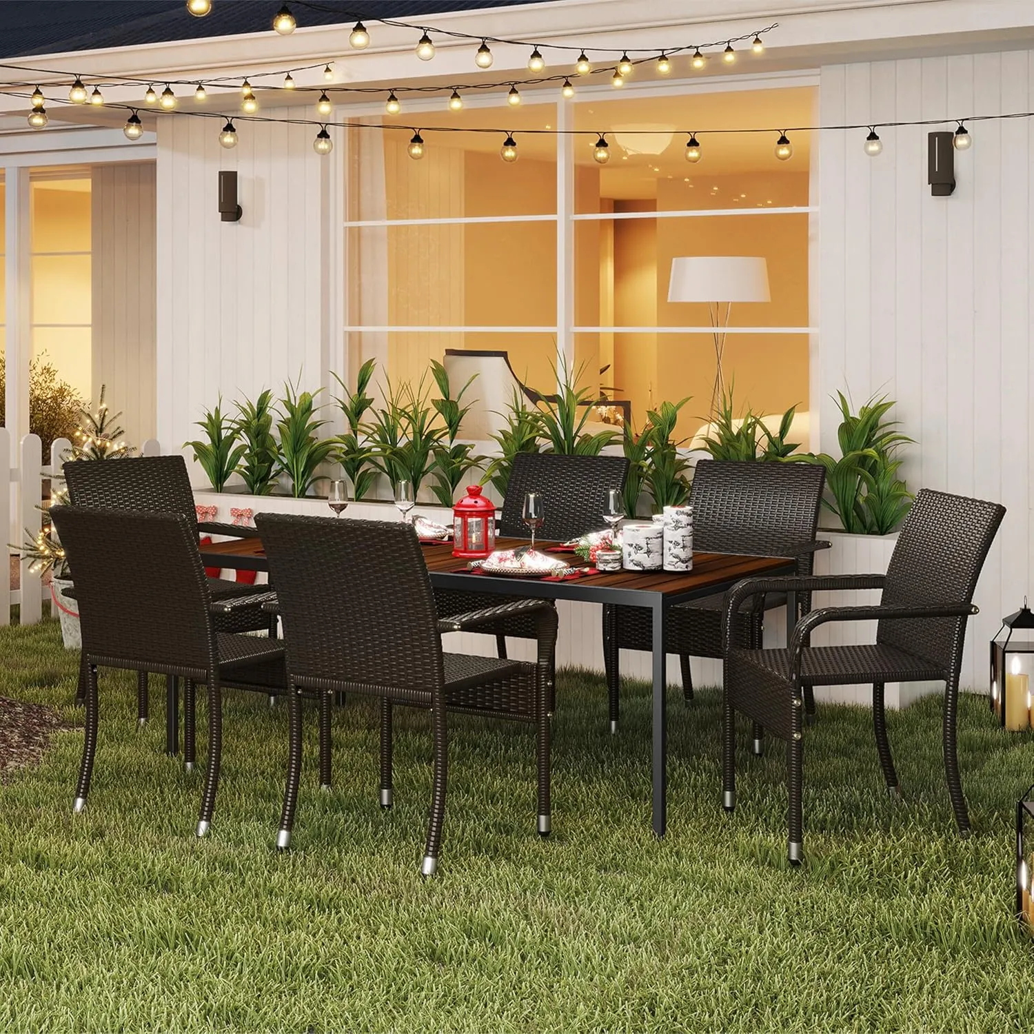 Yaheetech Set of 6 Stackable Outdoor Rattan Dining Chairs, All-Weather Armchair w/Armrests, Steel Frame for Garden, Patio, Deck, Yard, Poolside, Brown