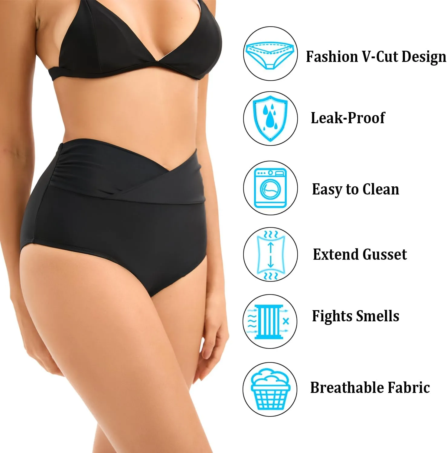 YELAIVP Period Swimwear Menstrual Leakproof Bikini Bottom V Cut High Waisted Swim Bottoms for Teens, Girls, Women