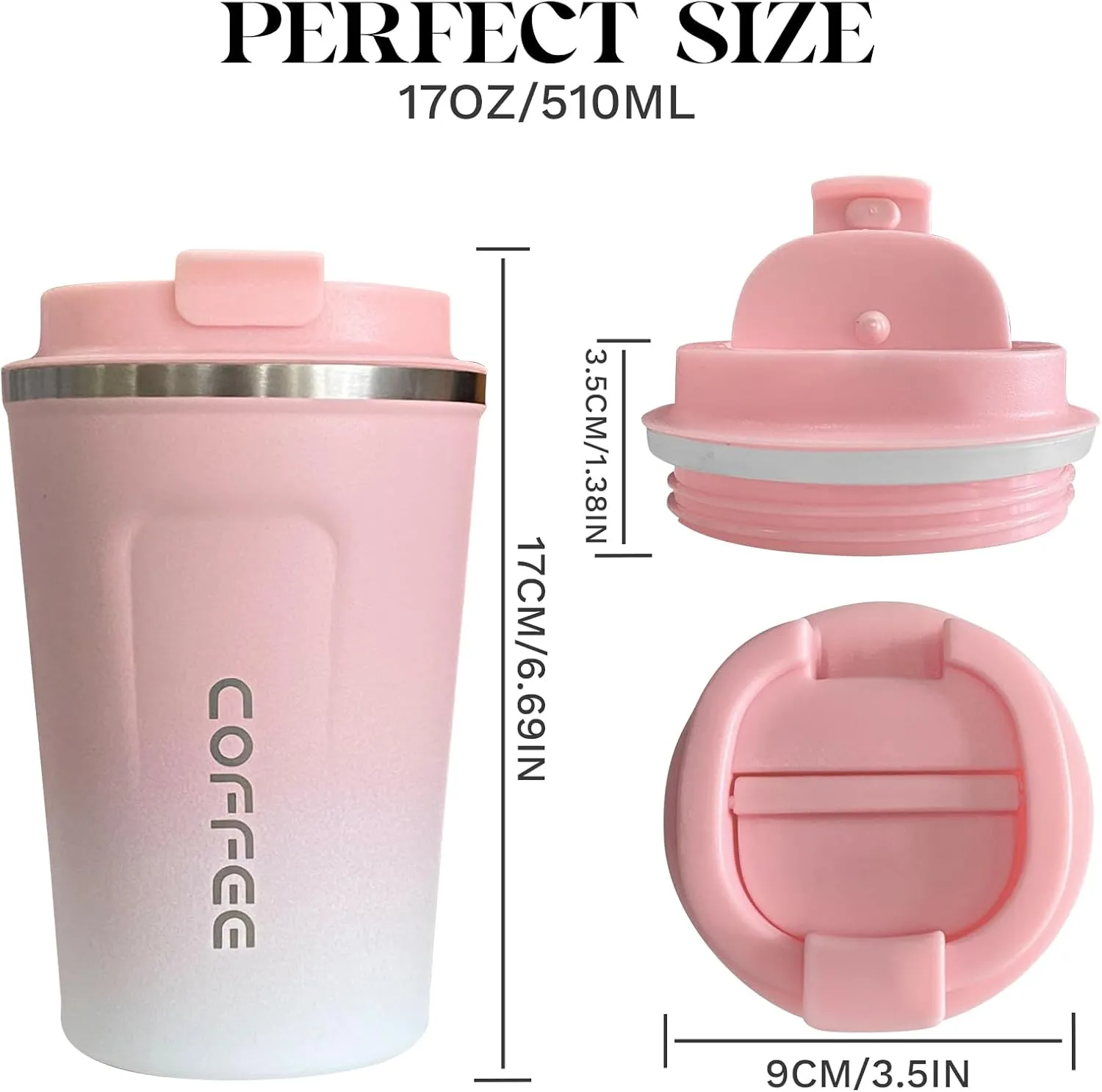 YINBAOGE Insulated Travel Coffee Mug Spill Proof Leak Proof Pobtable To Go Camping Stainless Steel Coffee Tumbler Reusable Coffee Cups with Lids Thermos for Hot and Cold Drink (2nd-Pink White, 17 OZ)