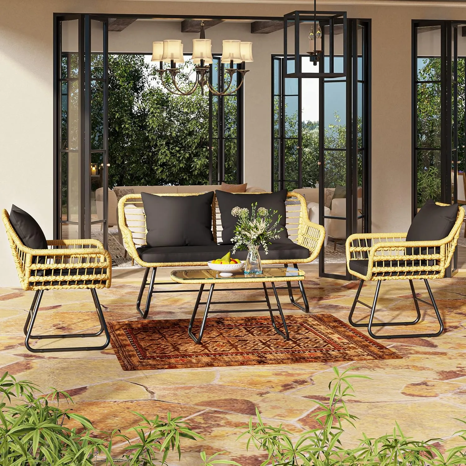 YITAHOME 4-Piece Patio Furniture Wicker Outdoor Bistro Set, All-Weather Rattan Conversation Loveseat Chairs for Backyard, Balcony and Deck with Soft Cushions and Metal Table (Light Brown Black)