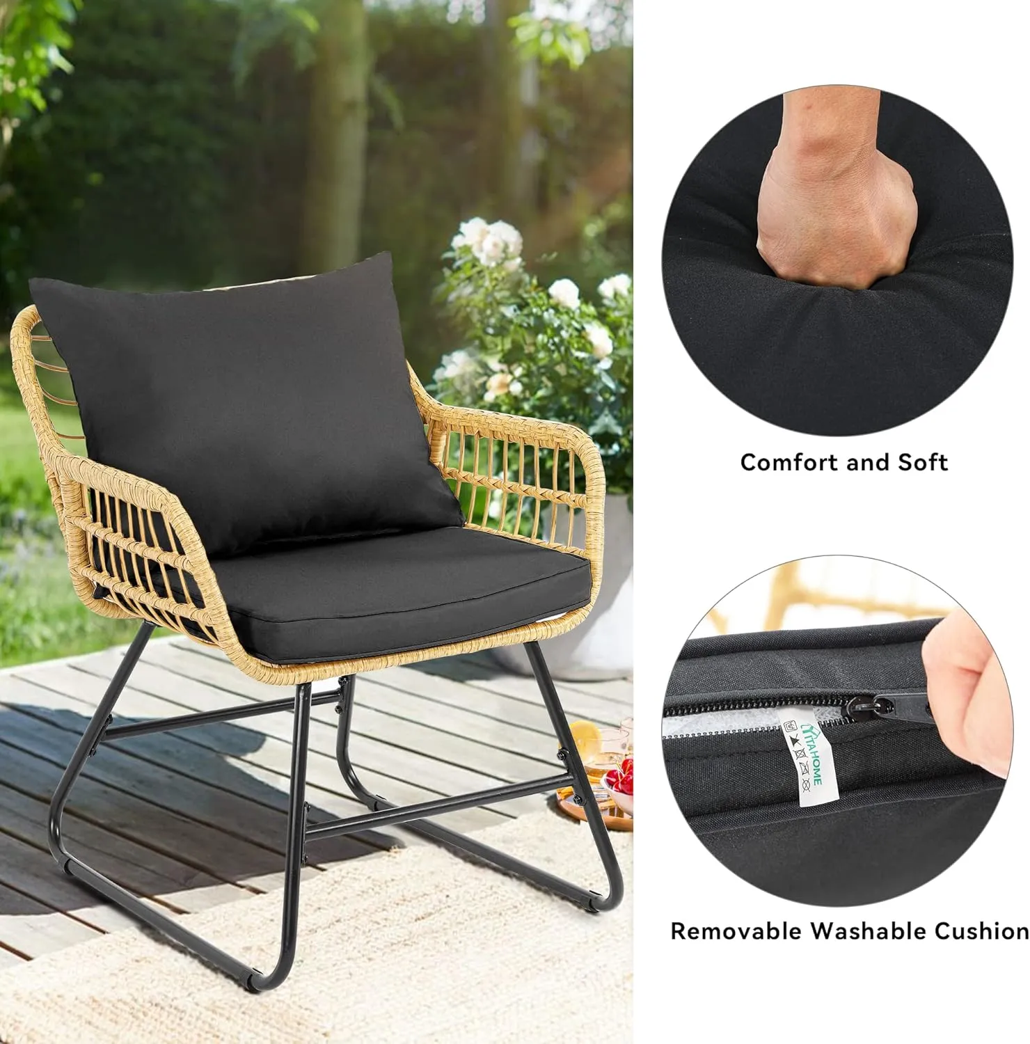 YITAHOME 4-Piece Patio Furniture Wicker Outdoor Bistro Set, All-Weather Rattan Conversation Loveseat Chairs for Backyard, Balcony and Deck with Soft Cushions and Metal Table (Light Brown Black)